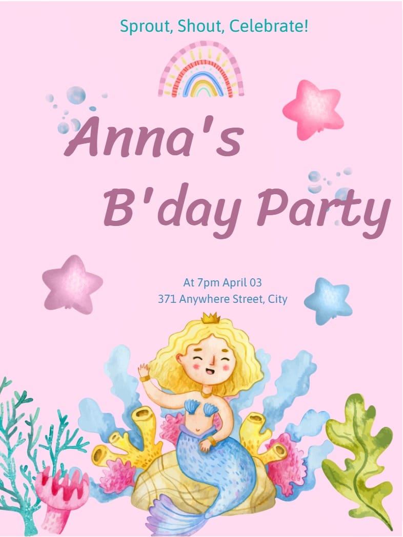 Pink birthday invitation with mermaid, coral, starfish, rainbow, and watercolour sea plants.