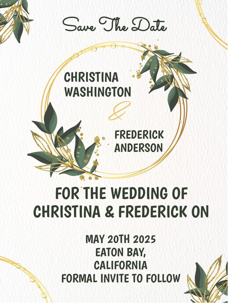 Save the date card with gold circle frame, green botanical branches, and bold text.