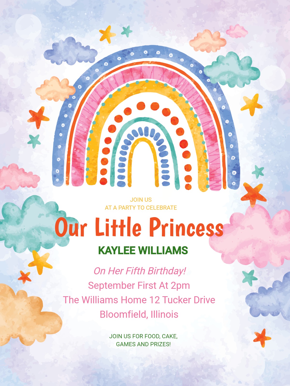 rainbow princess birthday invitation Template princess birthday design for events