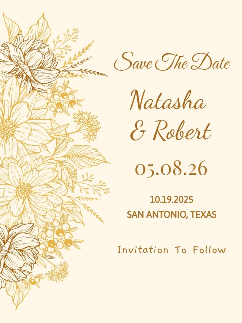 Cream wedding save the date card with gold floral line art and cursive text.