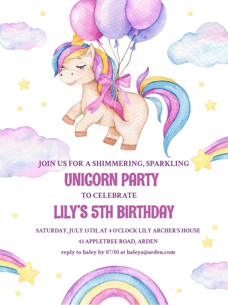 Modern nan invite â unicorn birthday party invitation Card e-card design