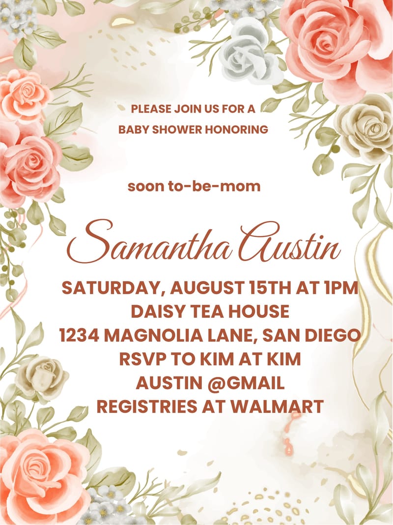 Baby shower invitation with watercolor coral and blush roses framing text on a pale background.