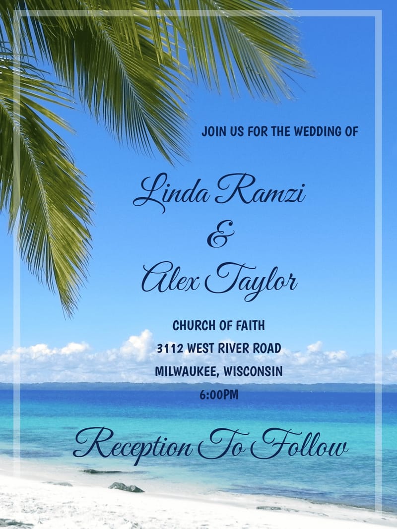 Beach wedding invitation with palm fronds, turquoise water, and navy script text.