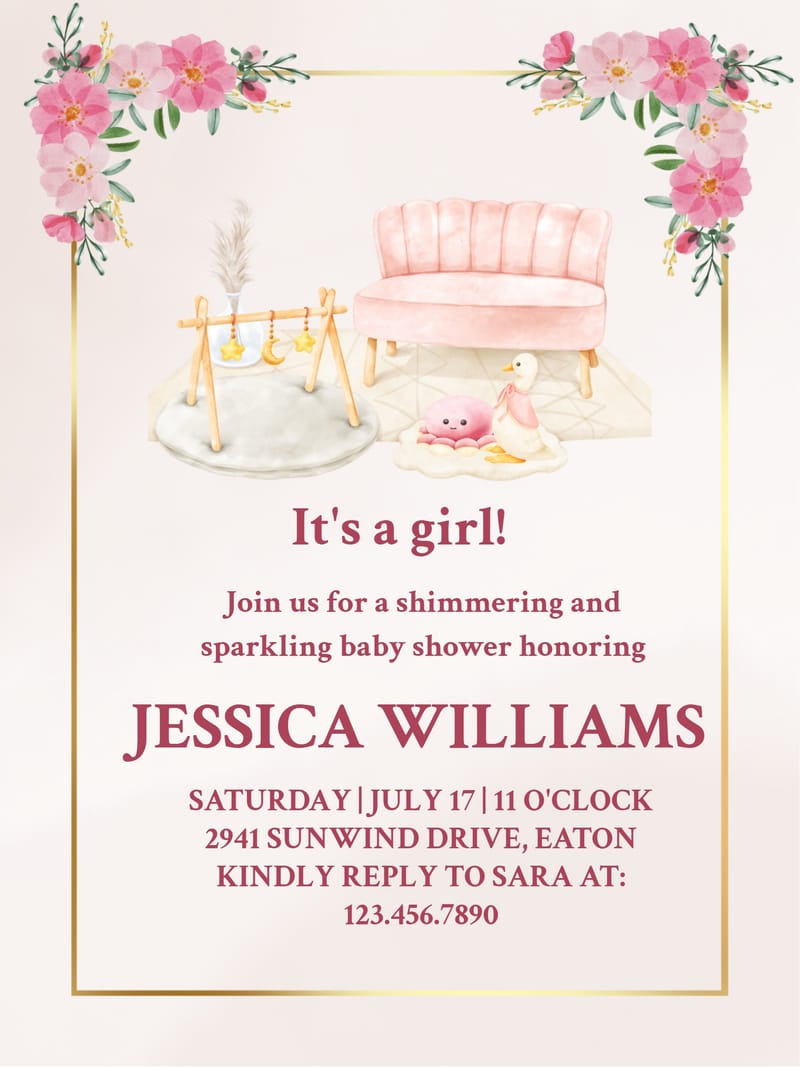 Blush baby shower invitation with pink florals, nursery toys, and gold border.