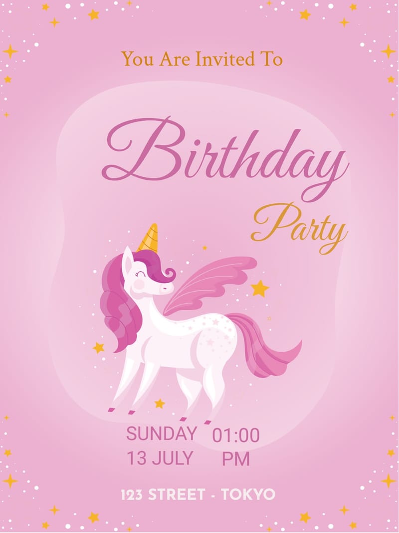 Pink birthday party invitation featuring a winged unicorn, gold stars, and cursive typography.