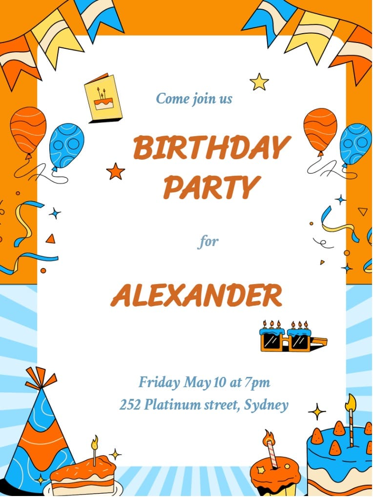 Orange and blue birthday party invitation with balloons, bunting, cakes, and bold text.