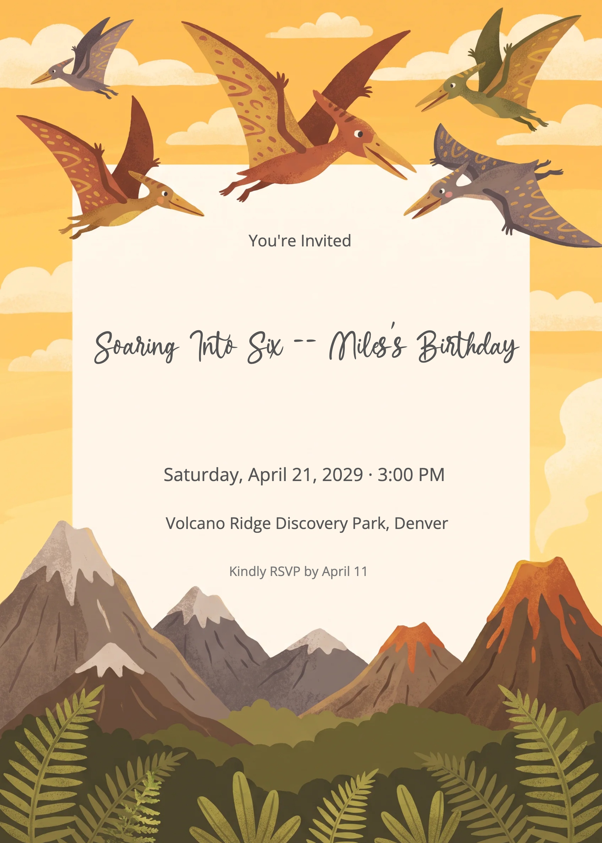 Pterodactyl Sky Dinosaur Birthday Invitation invitation