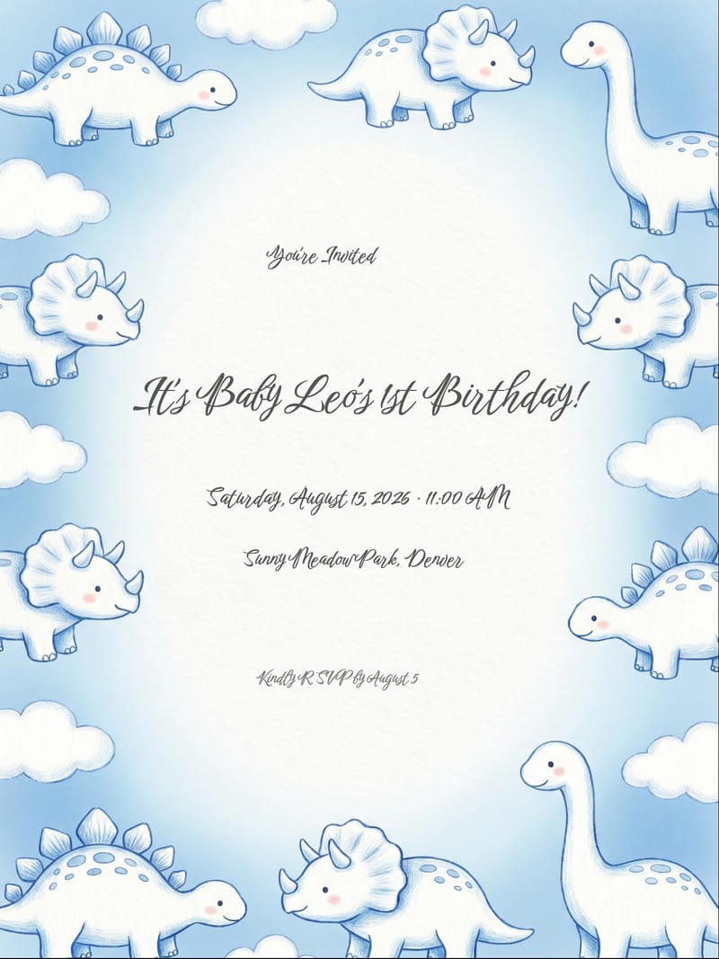 Baby Blue Dino 1st Birthday Invitation invitation