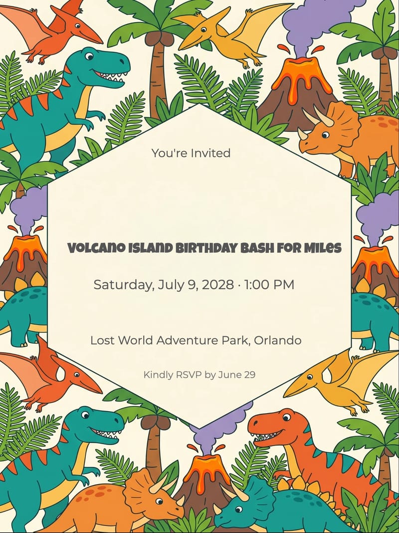 Volcano Island Dinosaur Birthday Invitation invitation