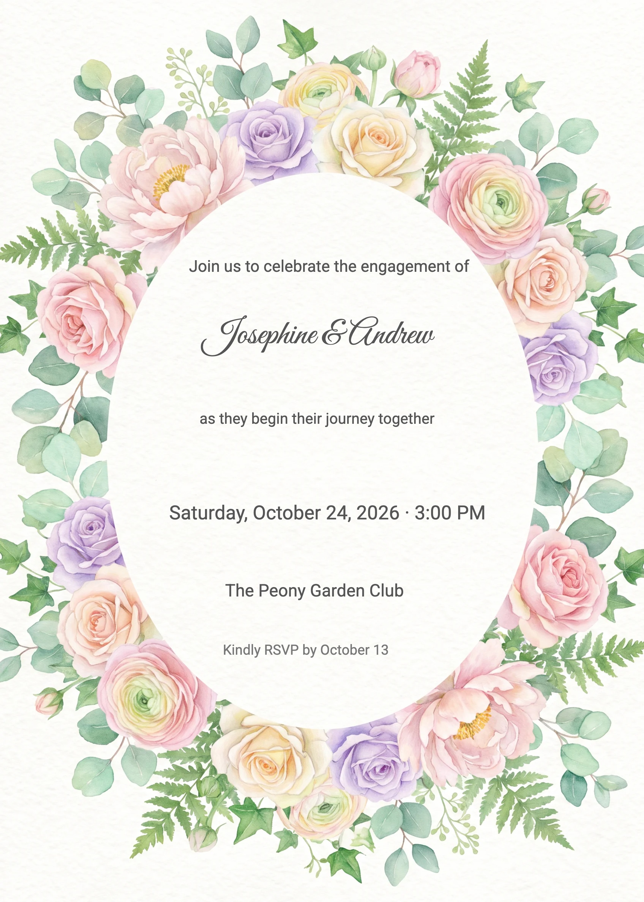Engagement party invitation with watercolor rose and peony wreath border on cream background.