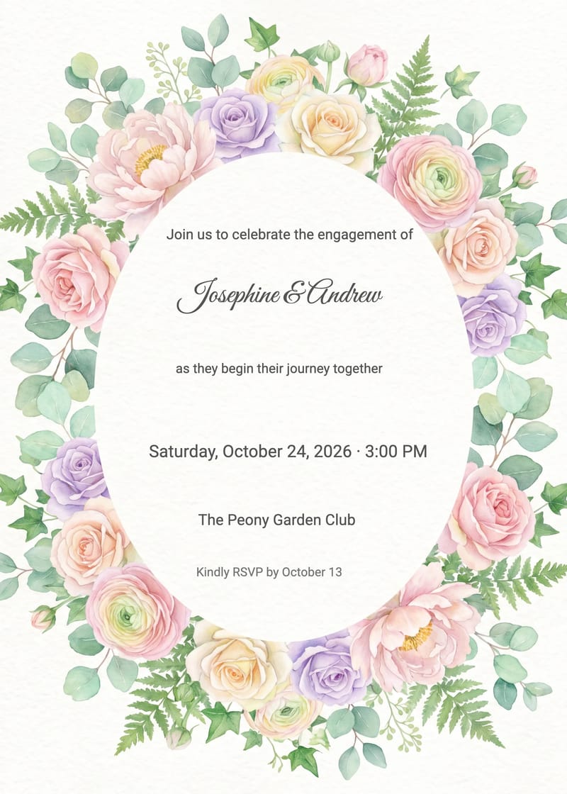 Engagement party invitation with watercolor rose and peony wreath border on cream background.
