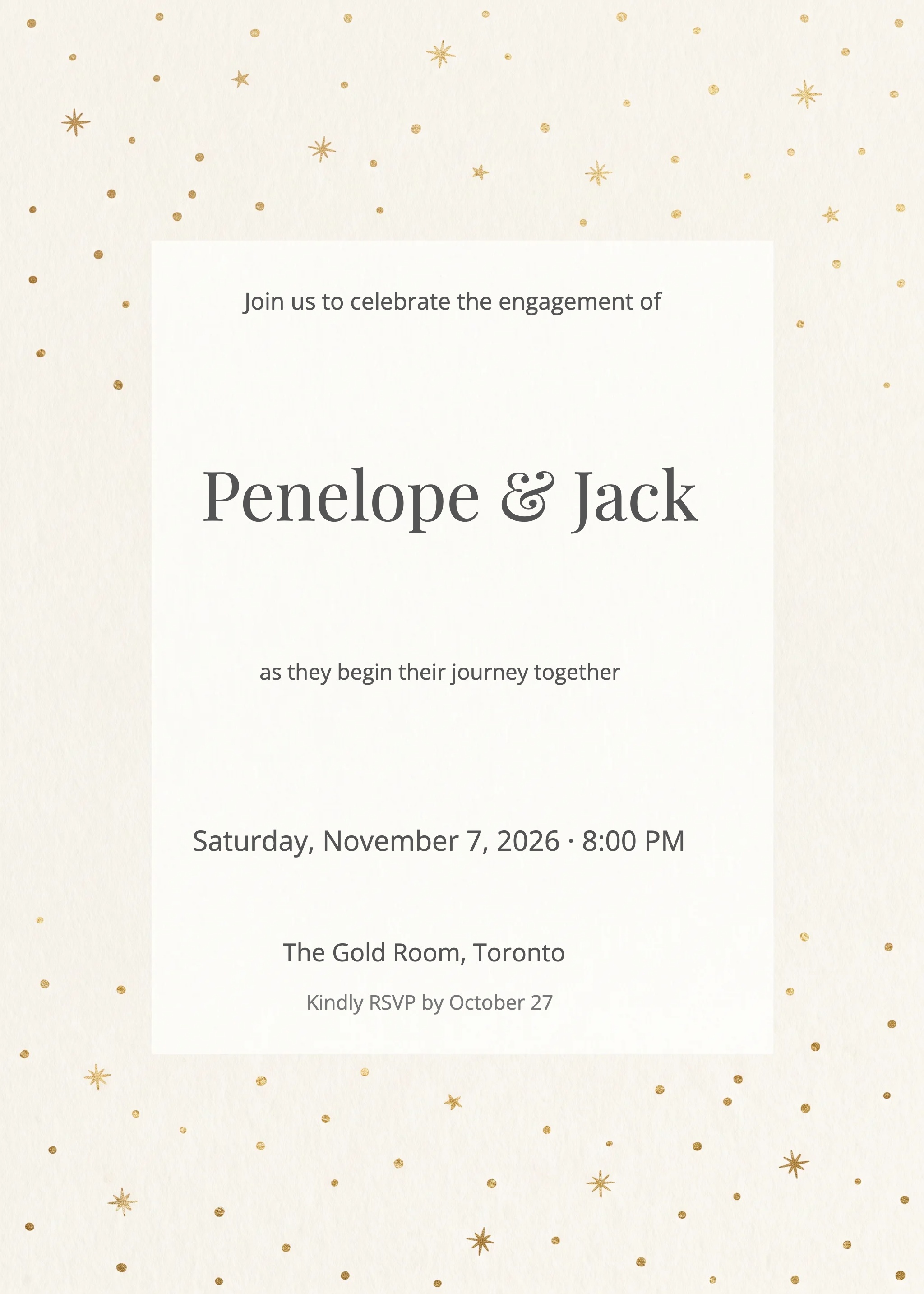 Cream invitation with gold star confetti border, bold couple names, and white event detail panel.