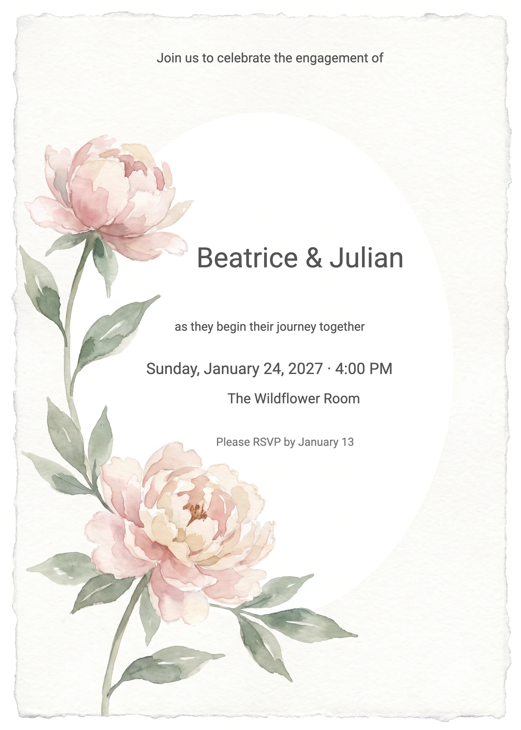 Engagement party invitation with two blush watercolor peonies on a torn-edge card.