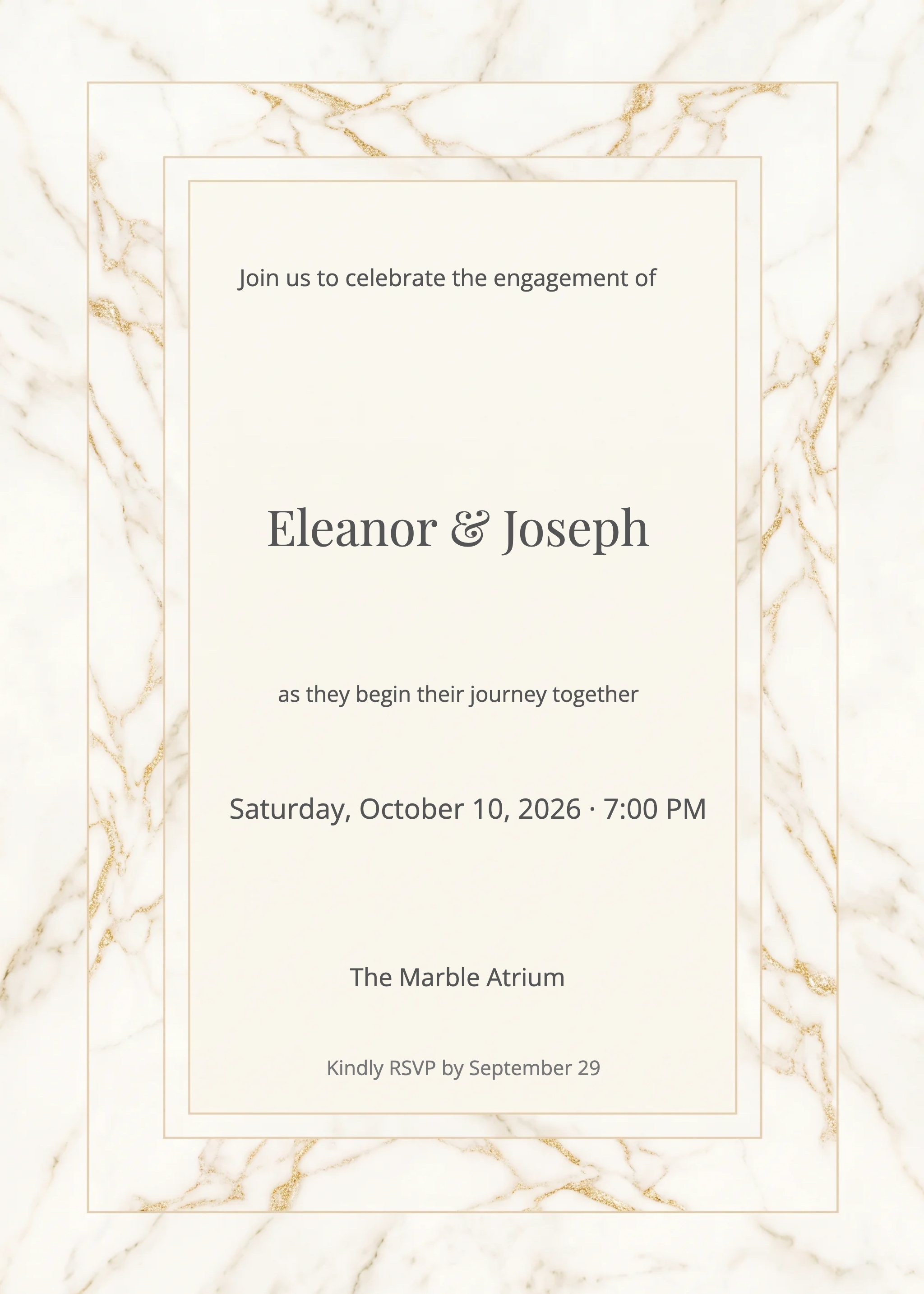 White marble engagement party invitation with gold veining and double gold border frame.