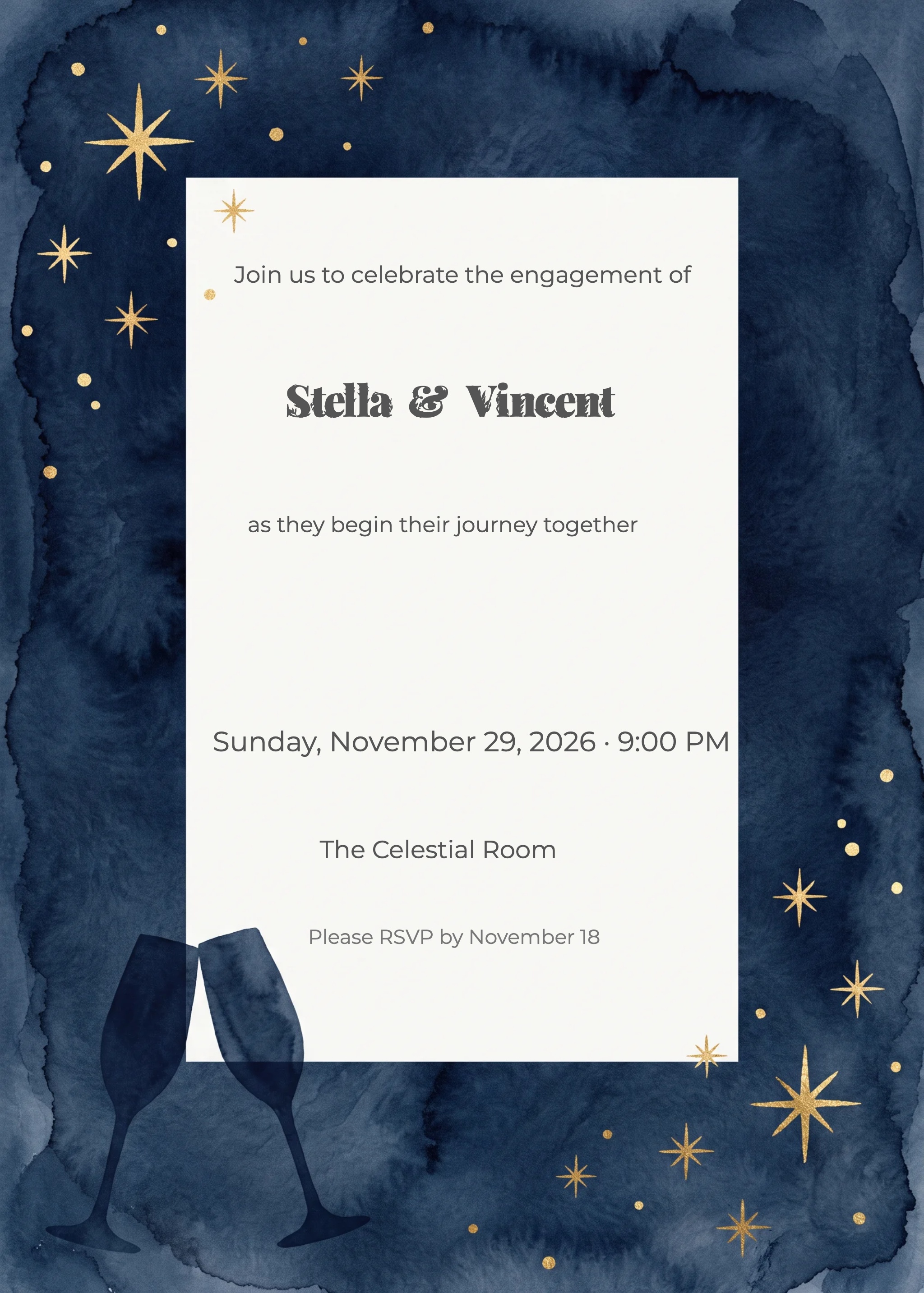 Navy watercolor engagement party invitation with gold stars and champagne flutes.