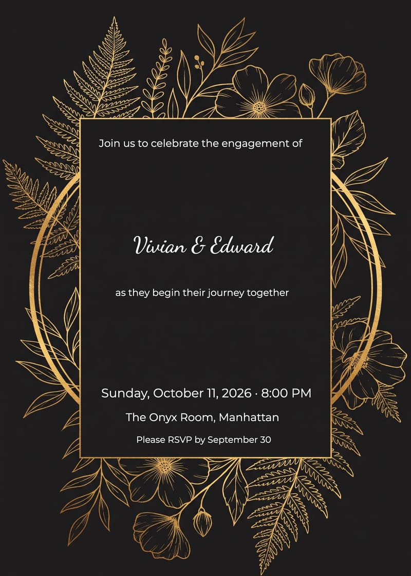 Black engagement party invitation with gold floral botanical border and serif typography.