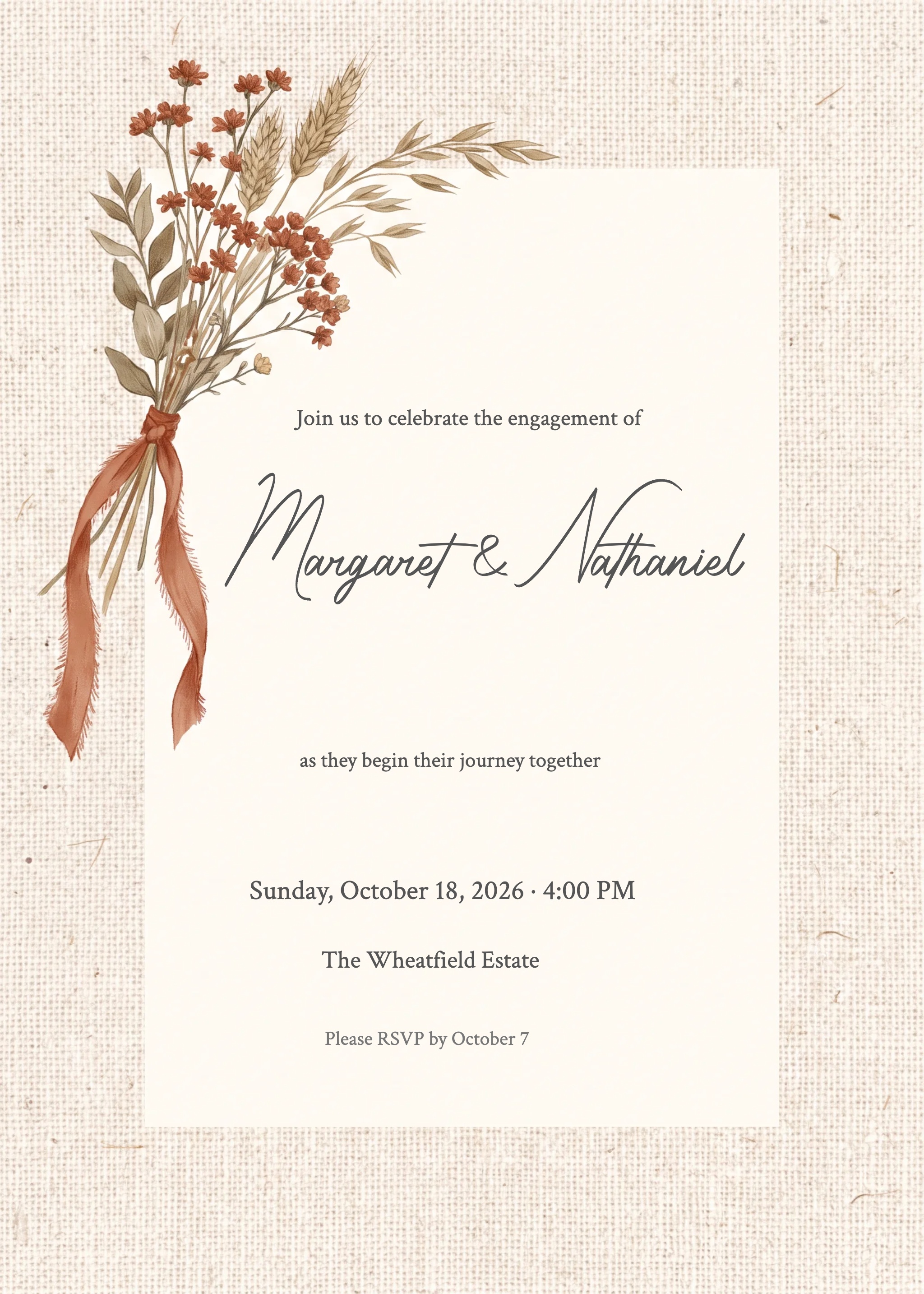 Engagement party invitation with dried wheat and rust wildflower bouquet tied with terracotta ribbon.