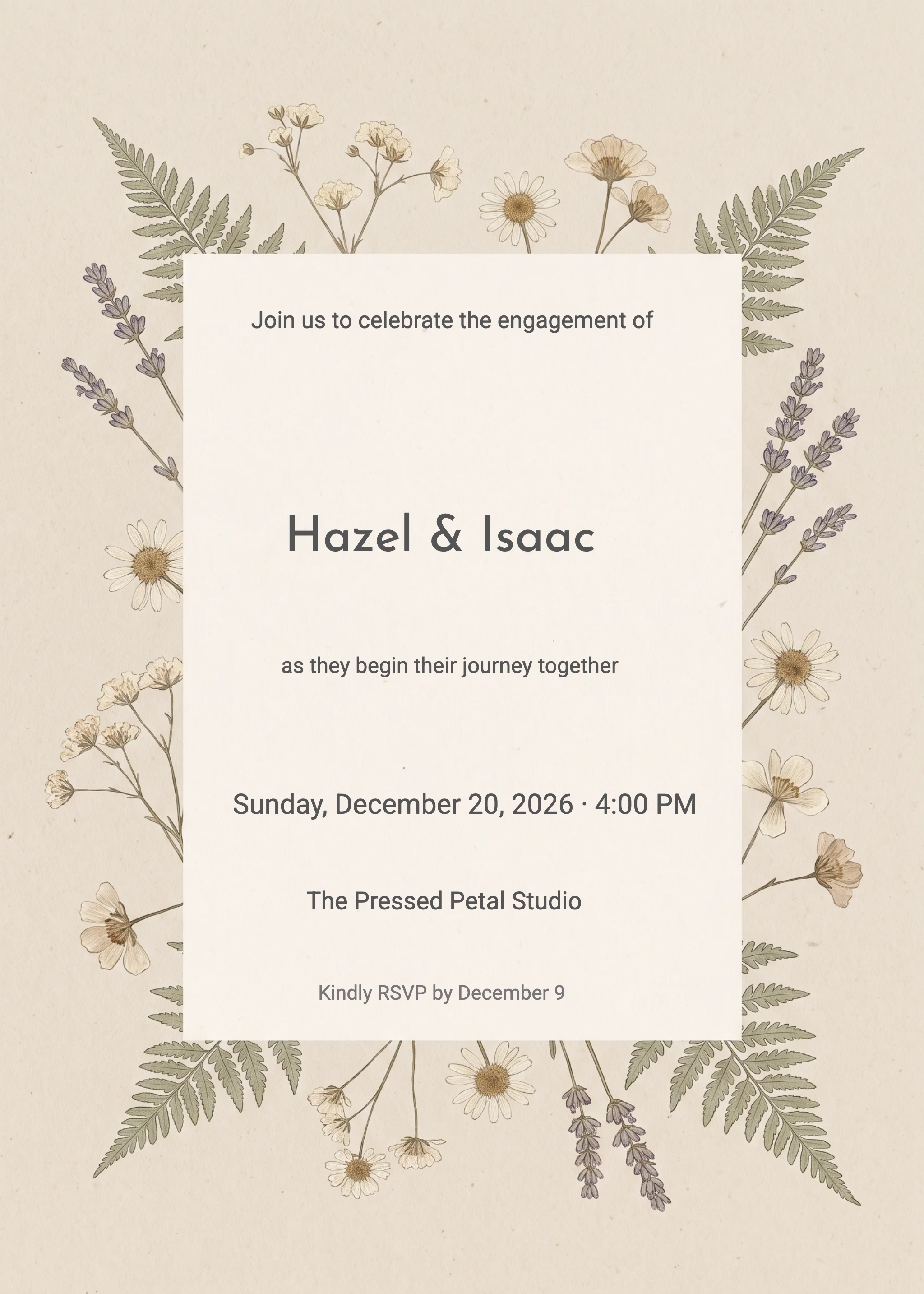 Engagement party invitation with pressed wildflowers, ferns, and lavender on a parchment background.