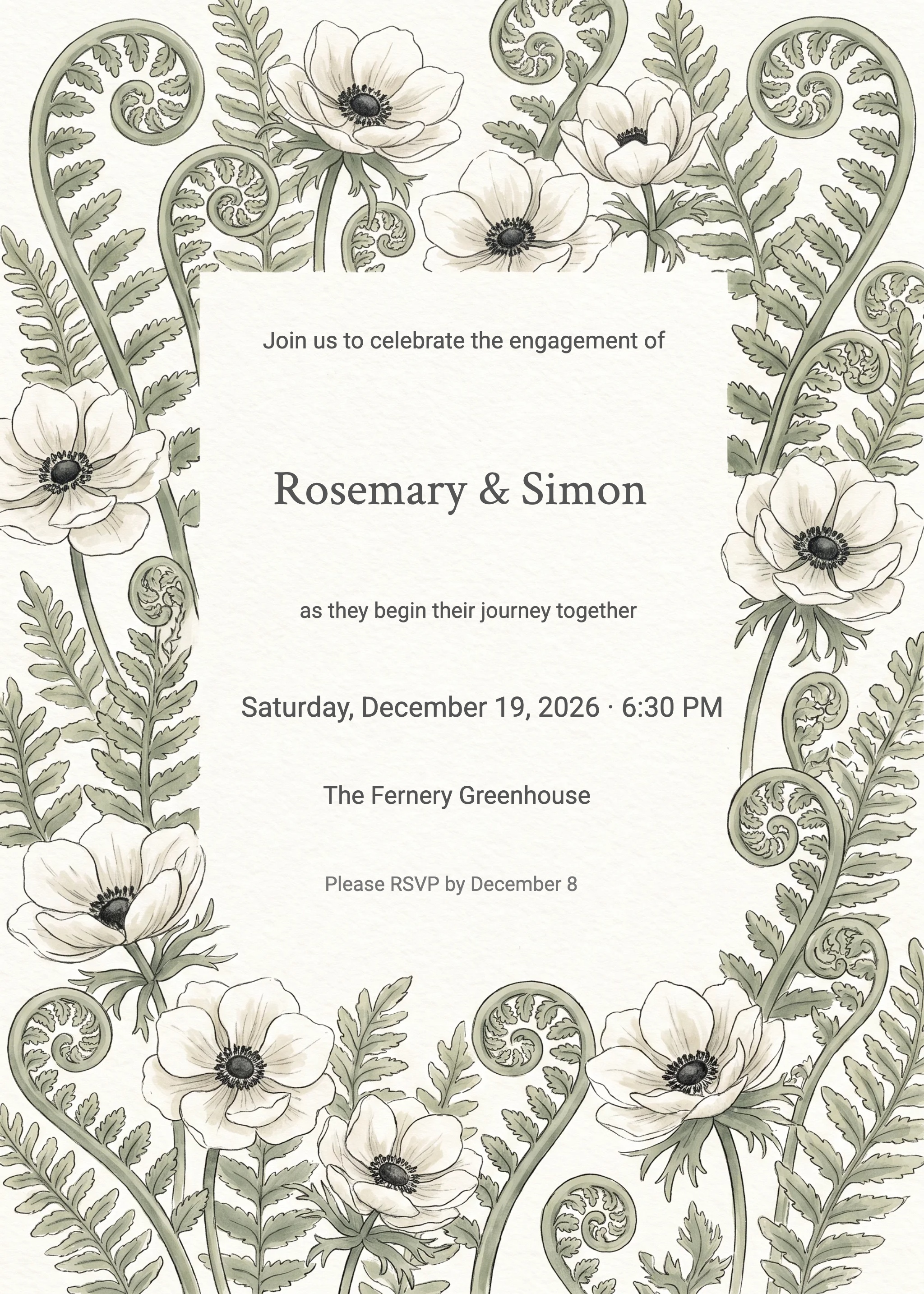 Cream engagement party invitation bordered by sage green ferns and white anemone flowers.