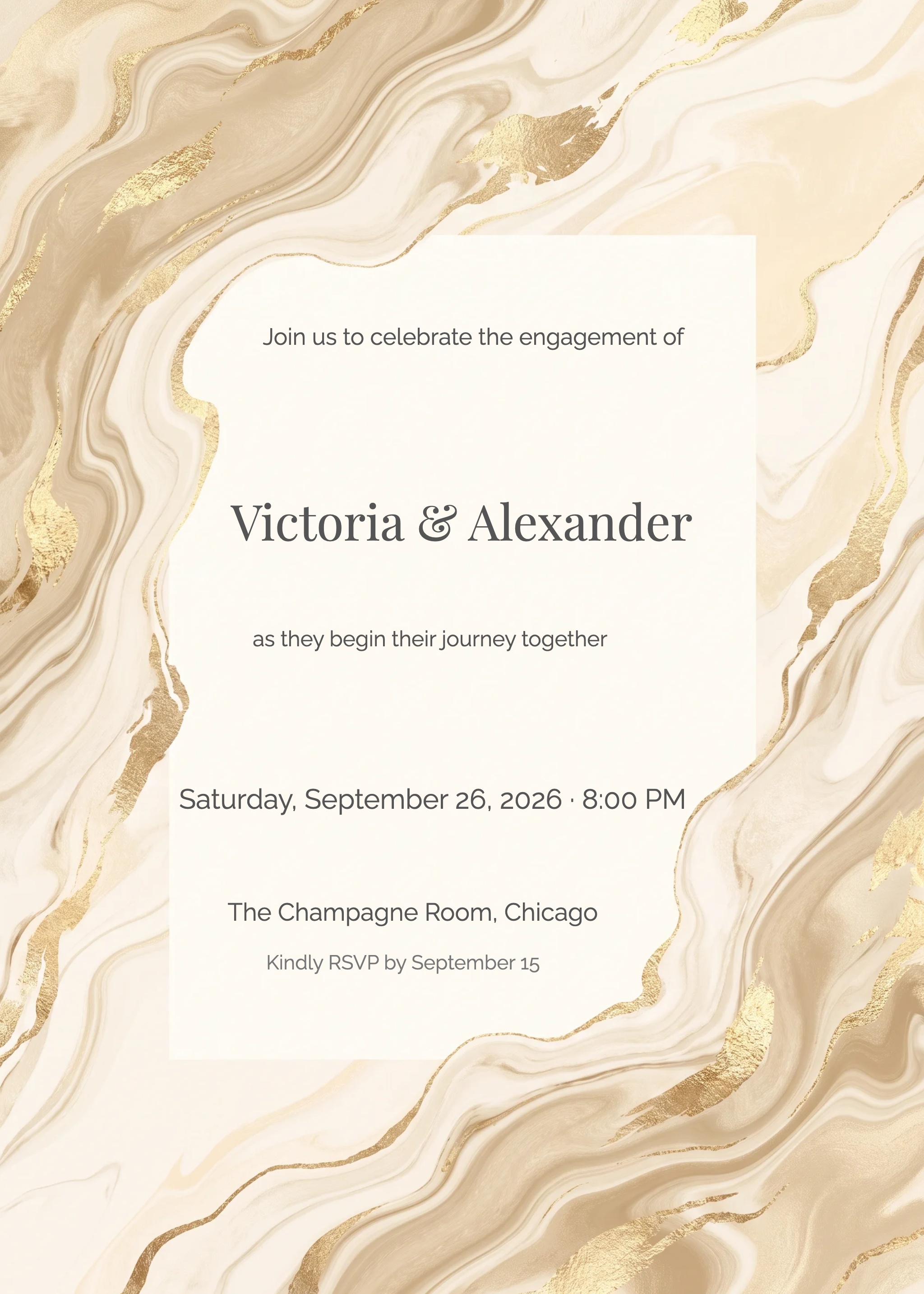 Champagne gold marble engagement party invitation with ivory center panel and gold veining.