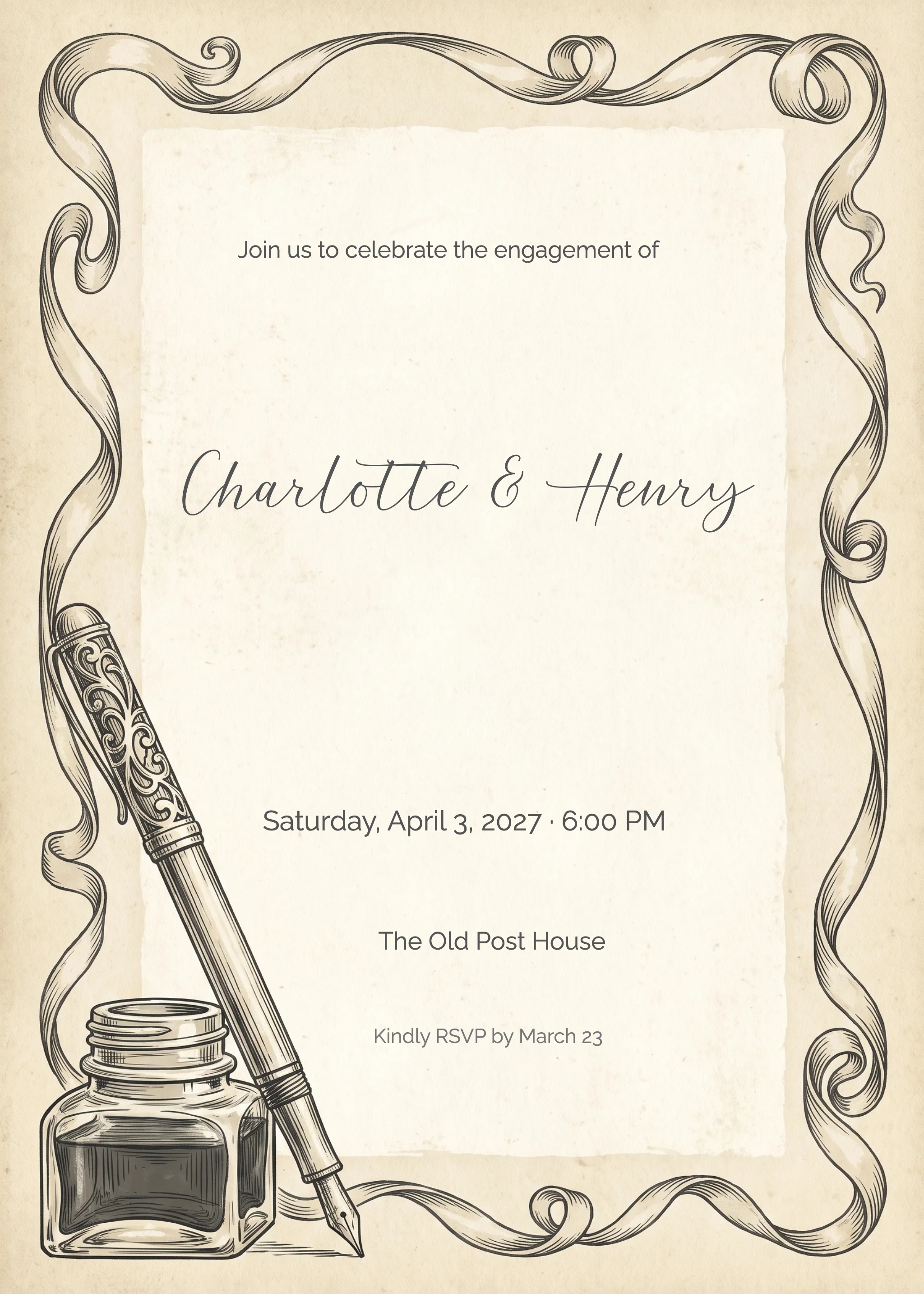 Cream parchment engagement invitation with ink pen, inkwell, and ornate ribbon border.