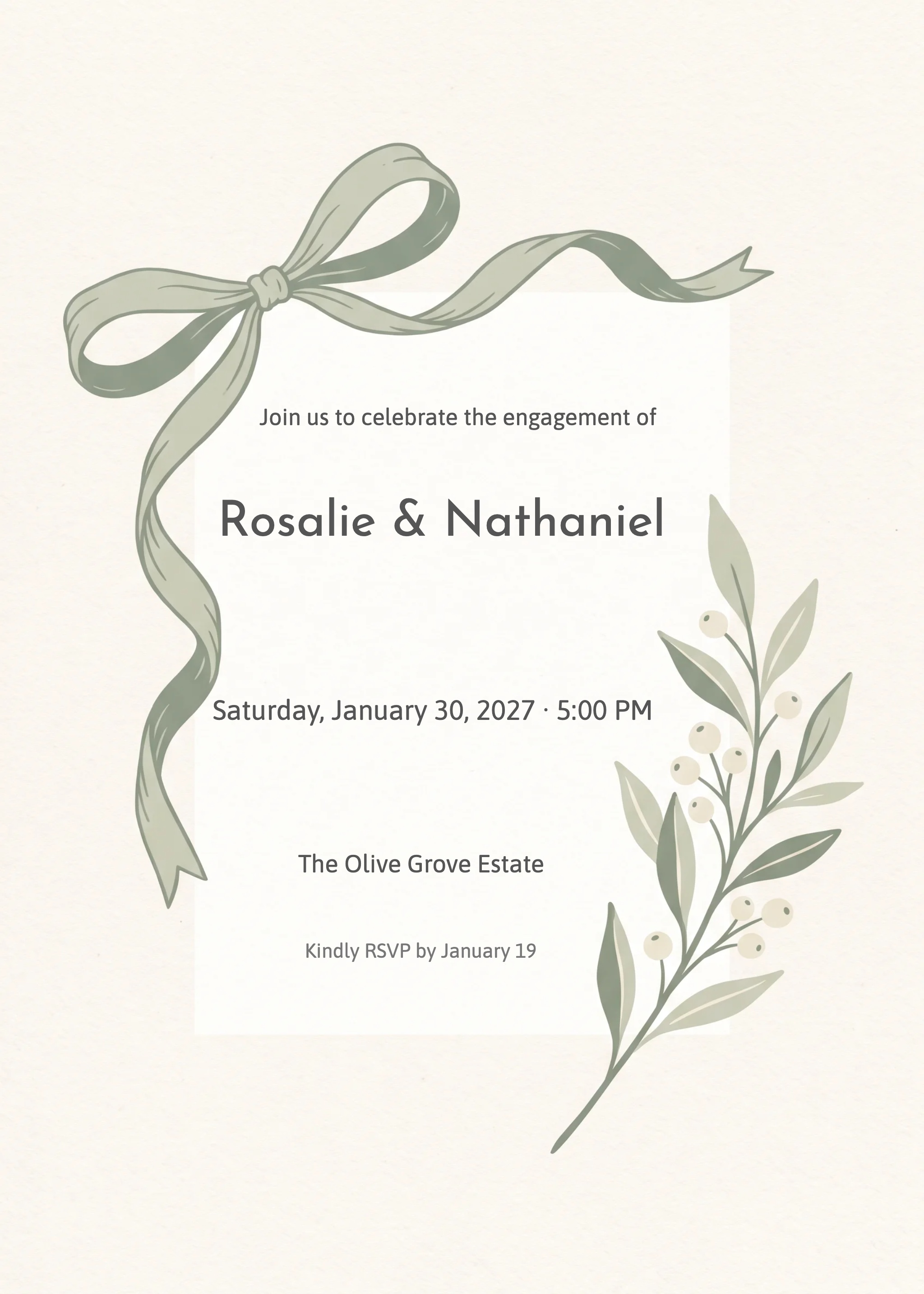Engagement party invitation with sage ribbon bow and cream berry botanical sprig.