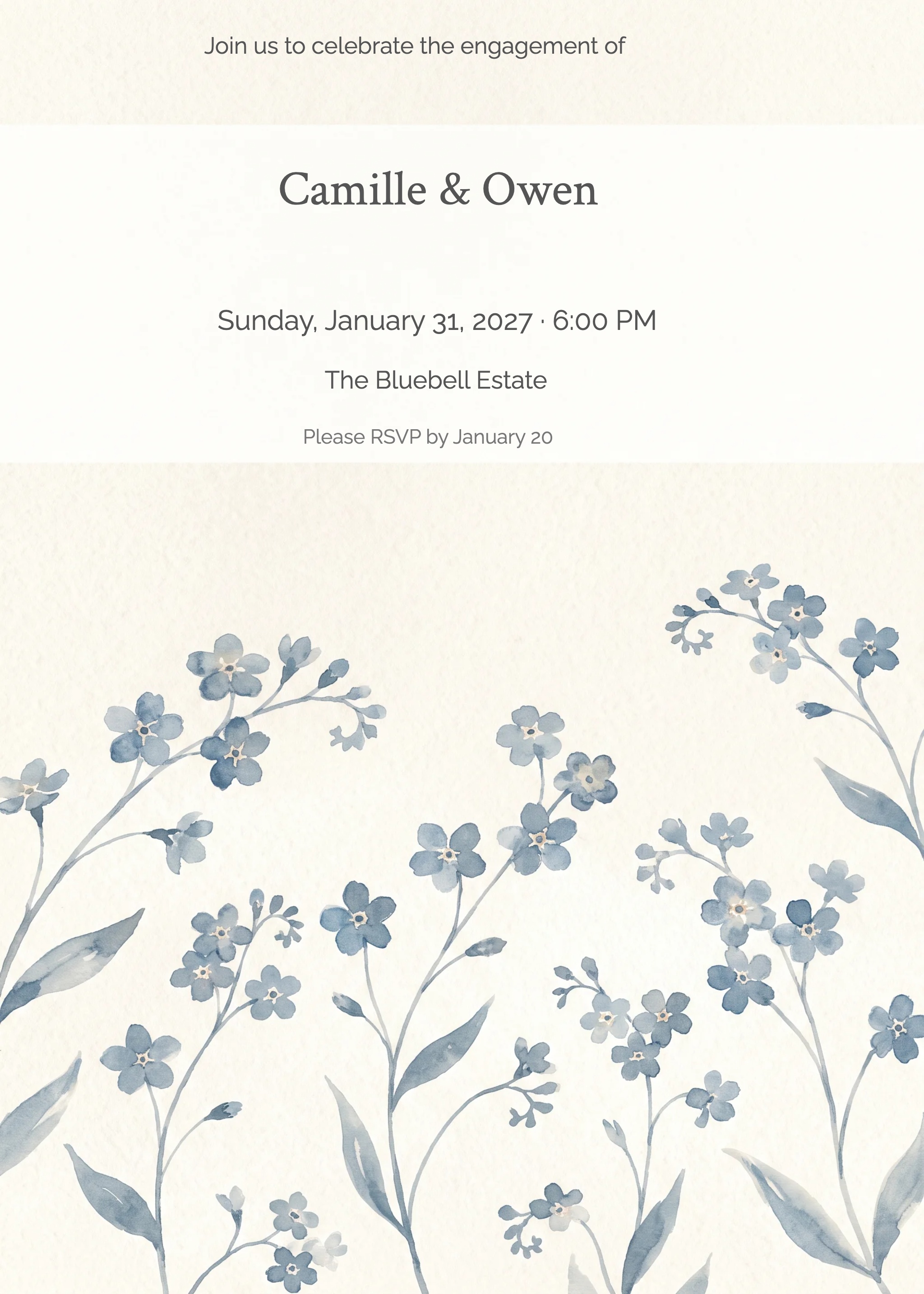 Engagement party invitation with dusty blue watercolor forget-me-not wildflowers on off-white.