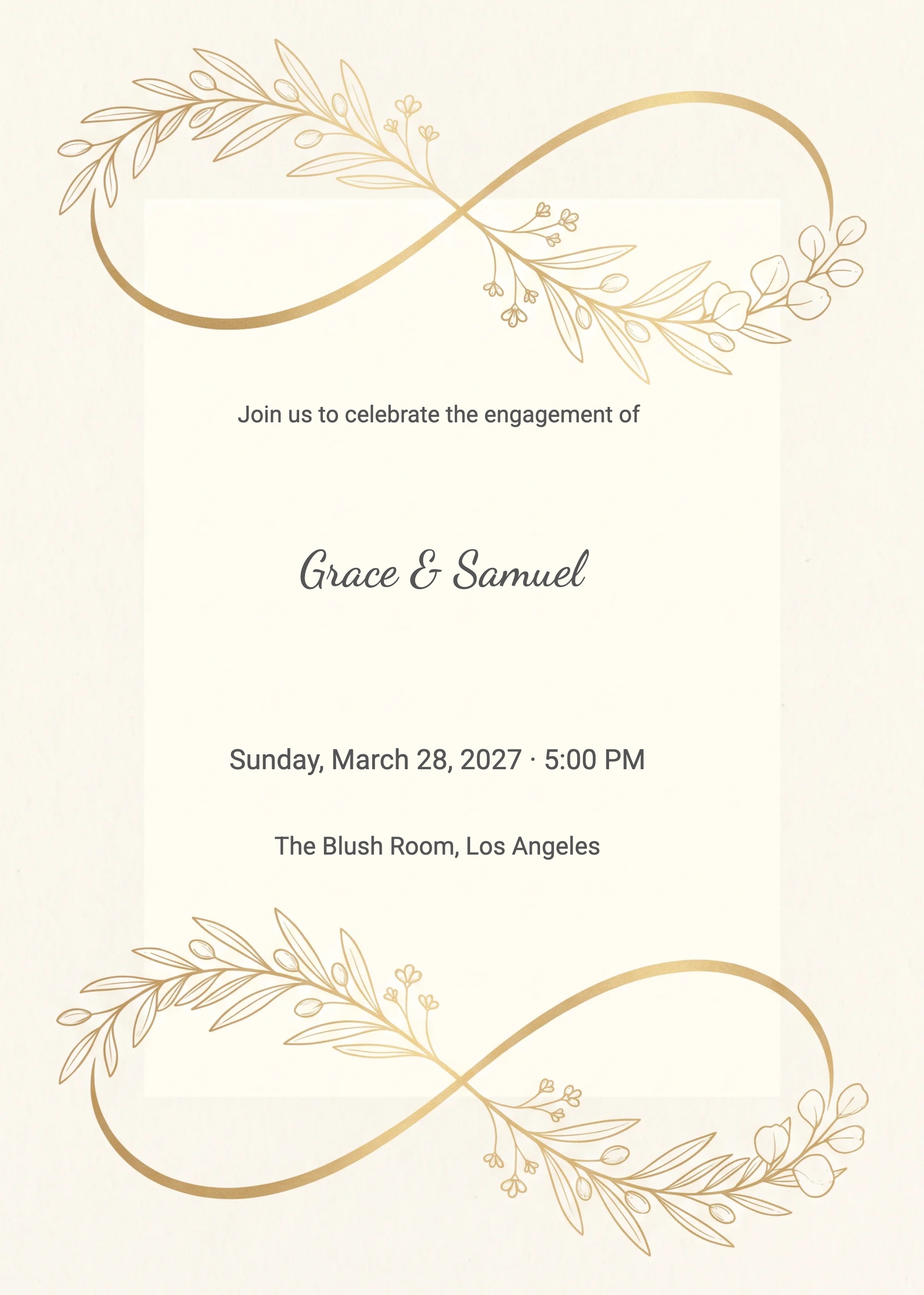 Cream invitation with gold infinity symbol, floral line art, and serif couple names.