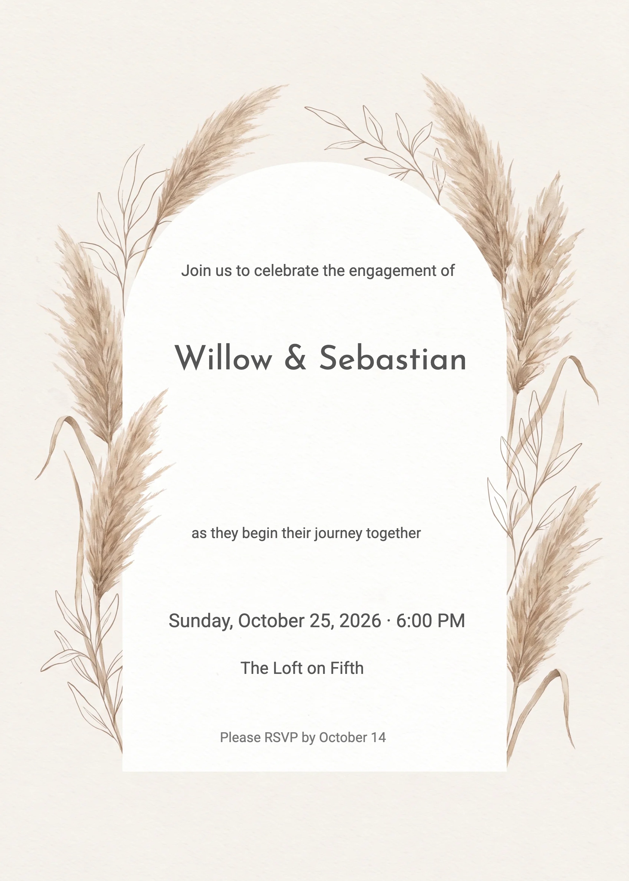 Cream engagement party invitation with pampas grass arch and botanical line drawings.
