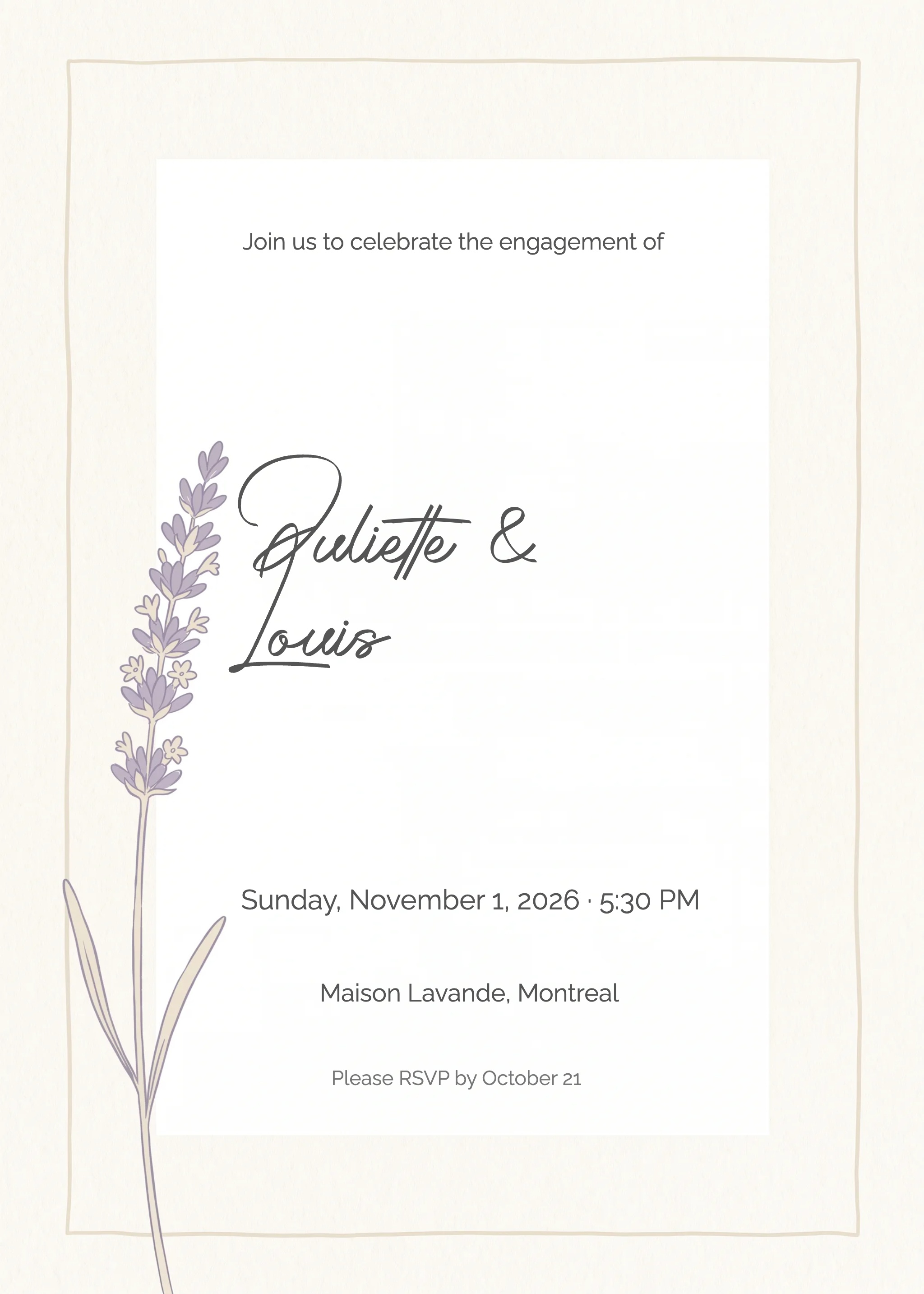 Cream engagement party invitation with purple lavender illustration and serif typography.