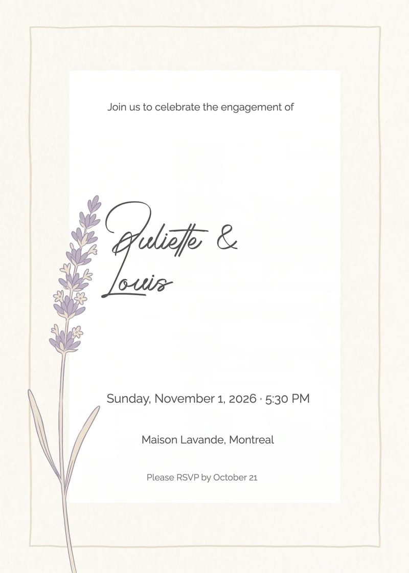Cream engagement party invitation with purple lavender illustration and serif typography.