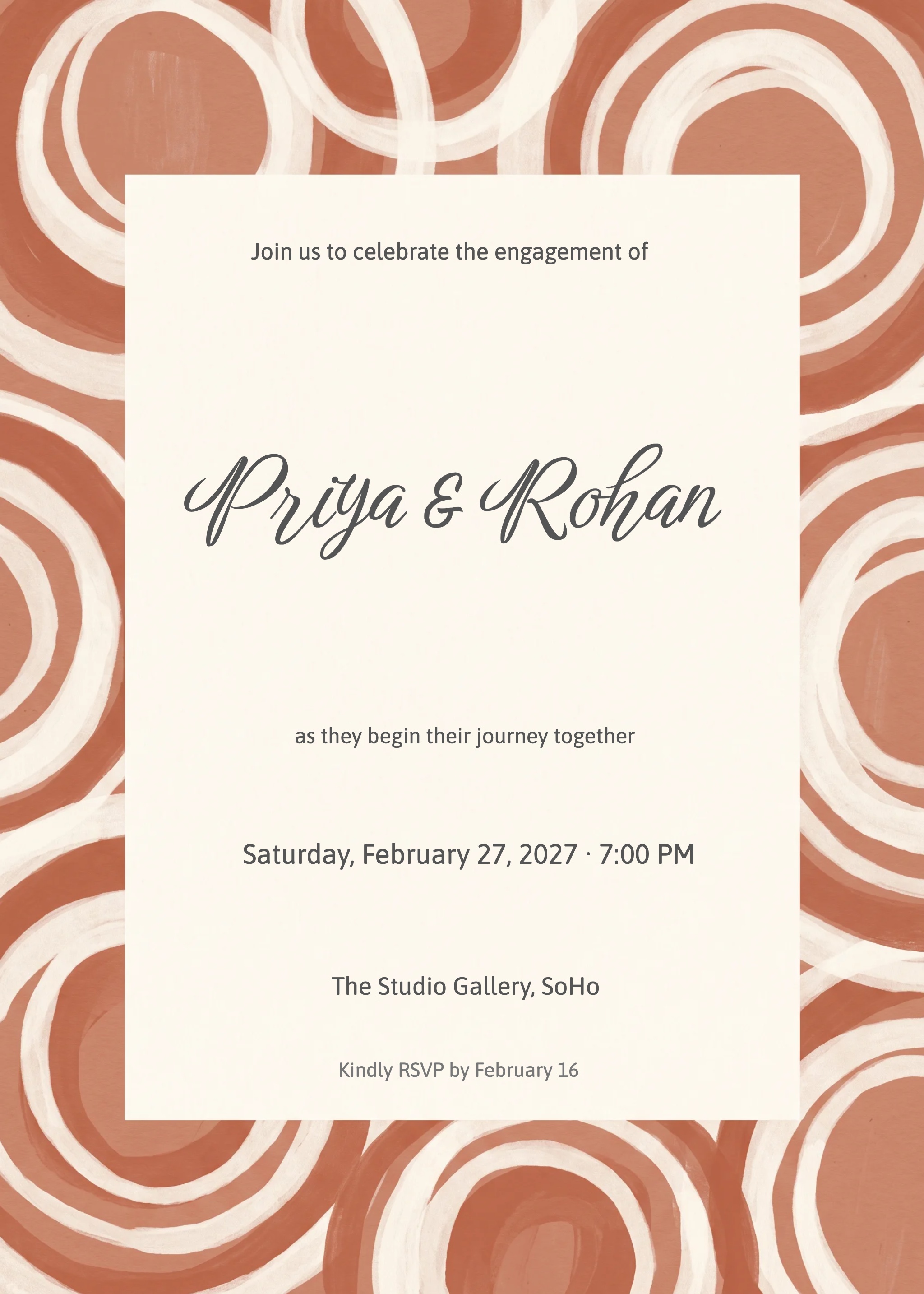 Engagement party invitation with terracotta swirl artwork and centered cream text panel.