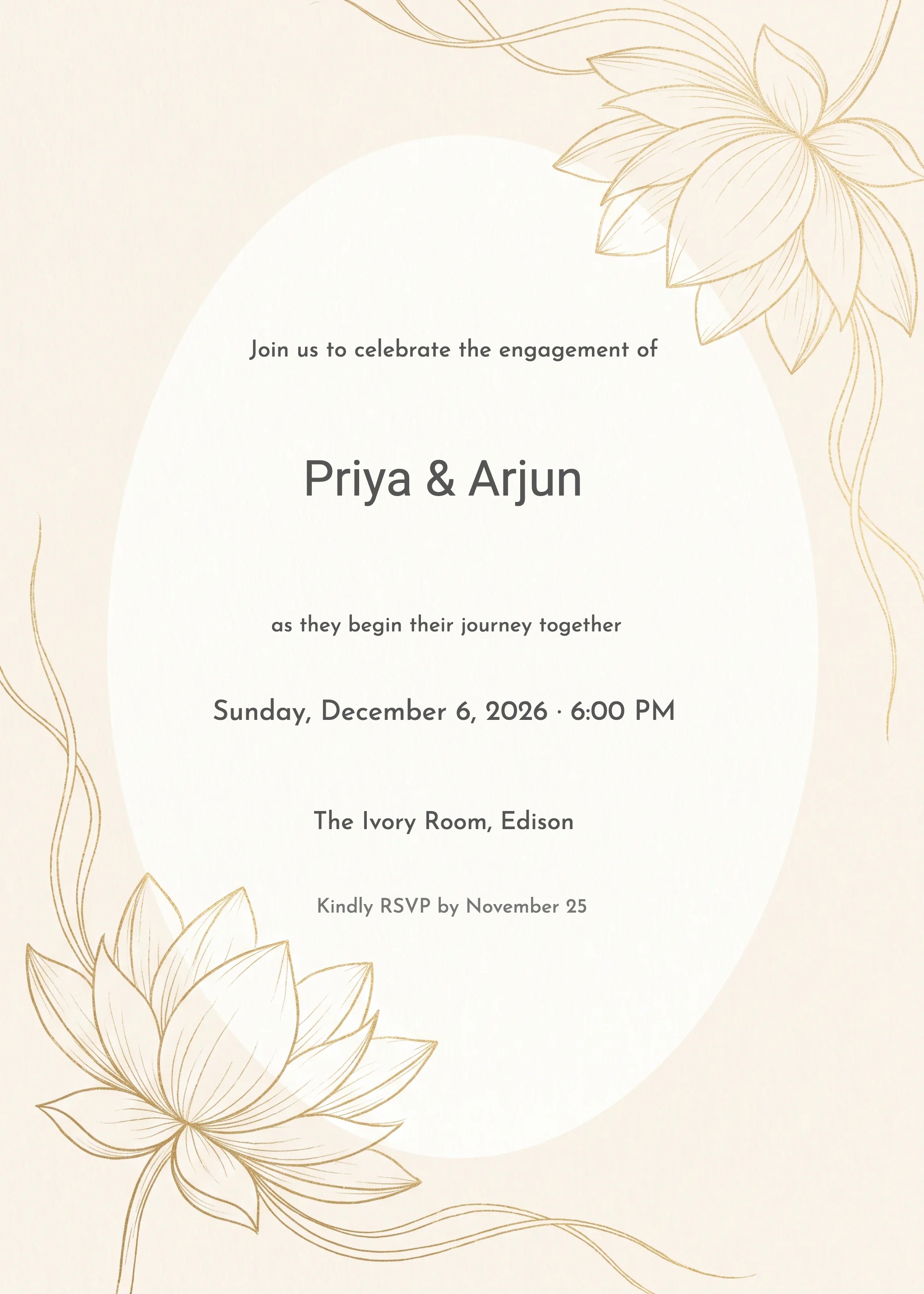 Cream invitation with gold lotus line-art corners and serif typography on oval panel.