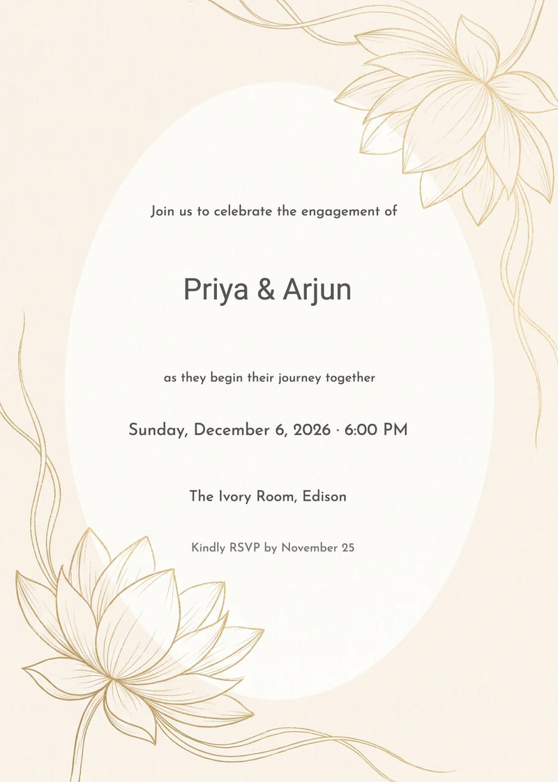 Cream invitation with gold lotus line-art corners and serif typography on oval panel.