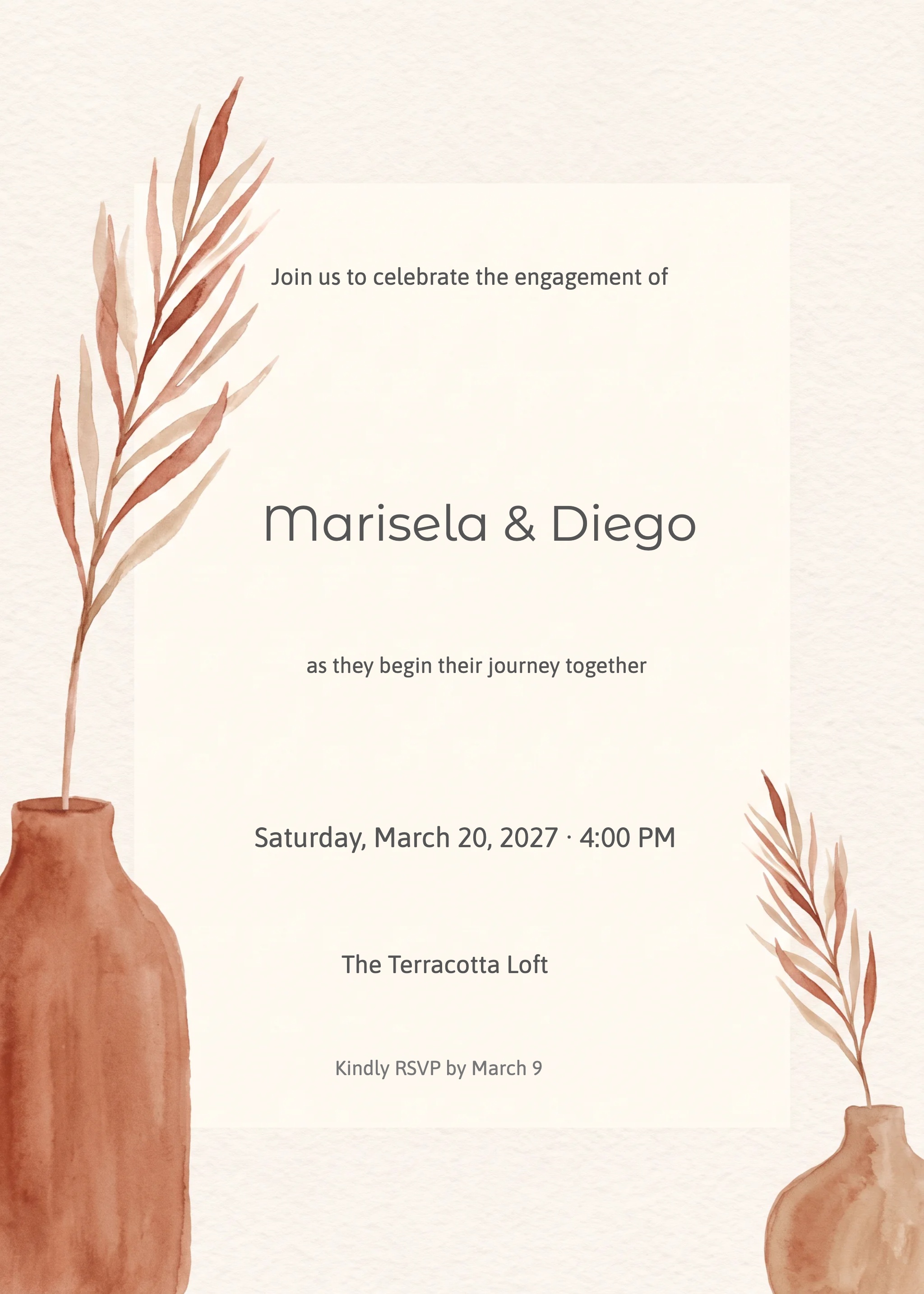 Cream engagement party invitation with two terracotta vases holding dried botanical stems.