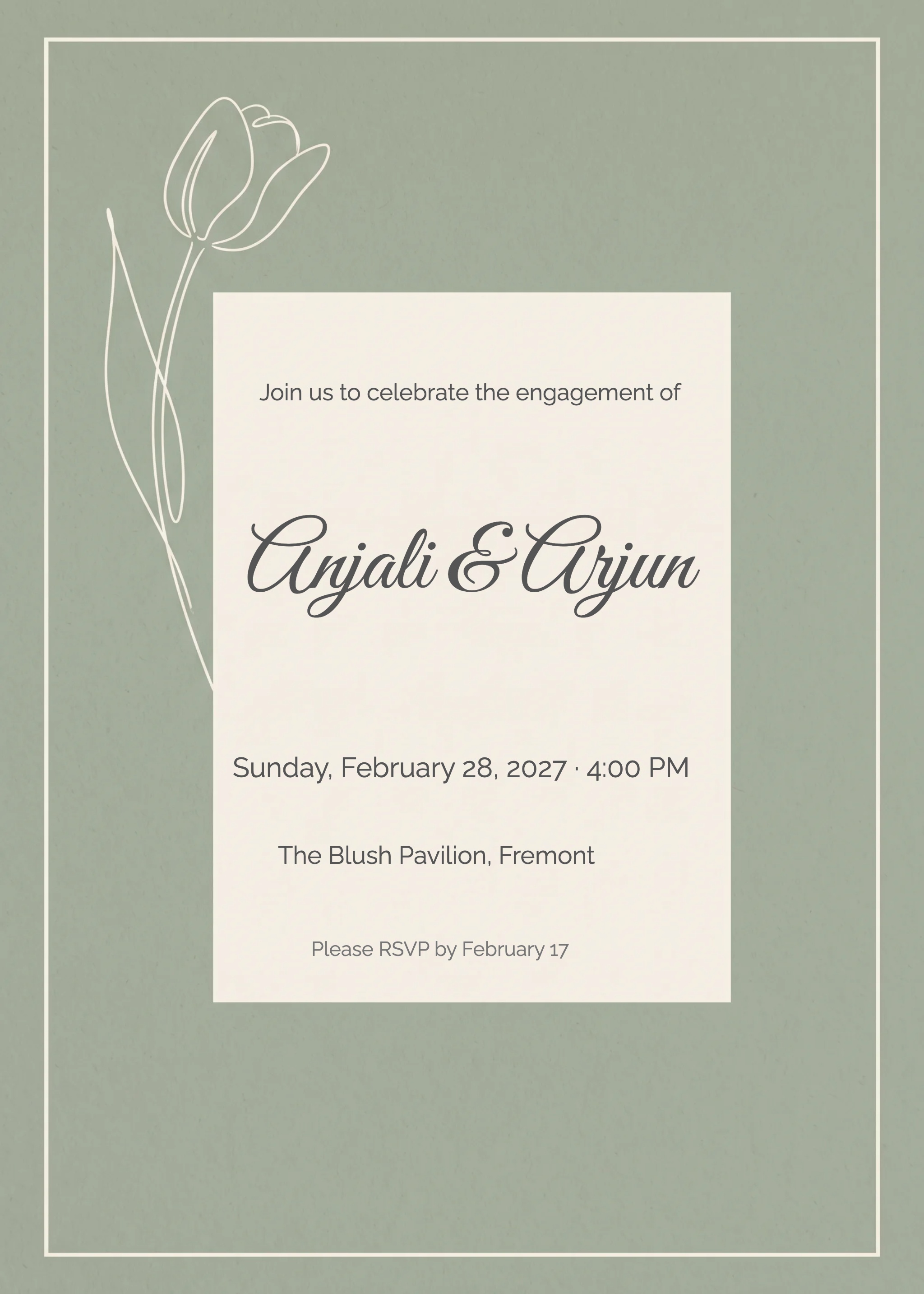Sage green engagement party invitation with white tulip line art and cream panel.