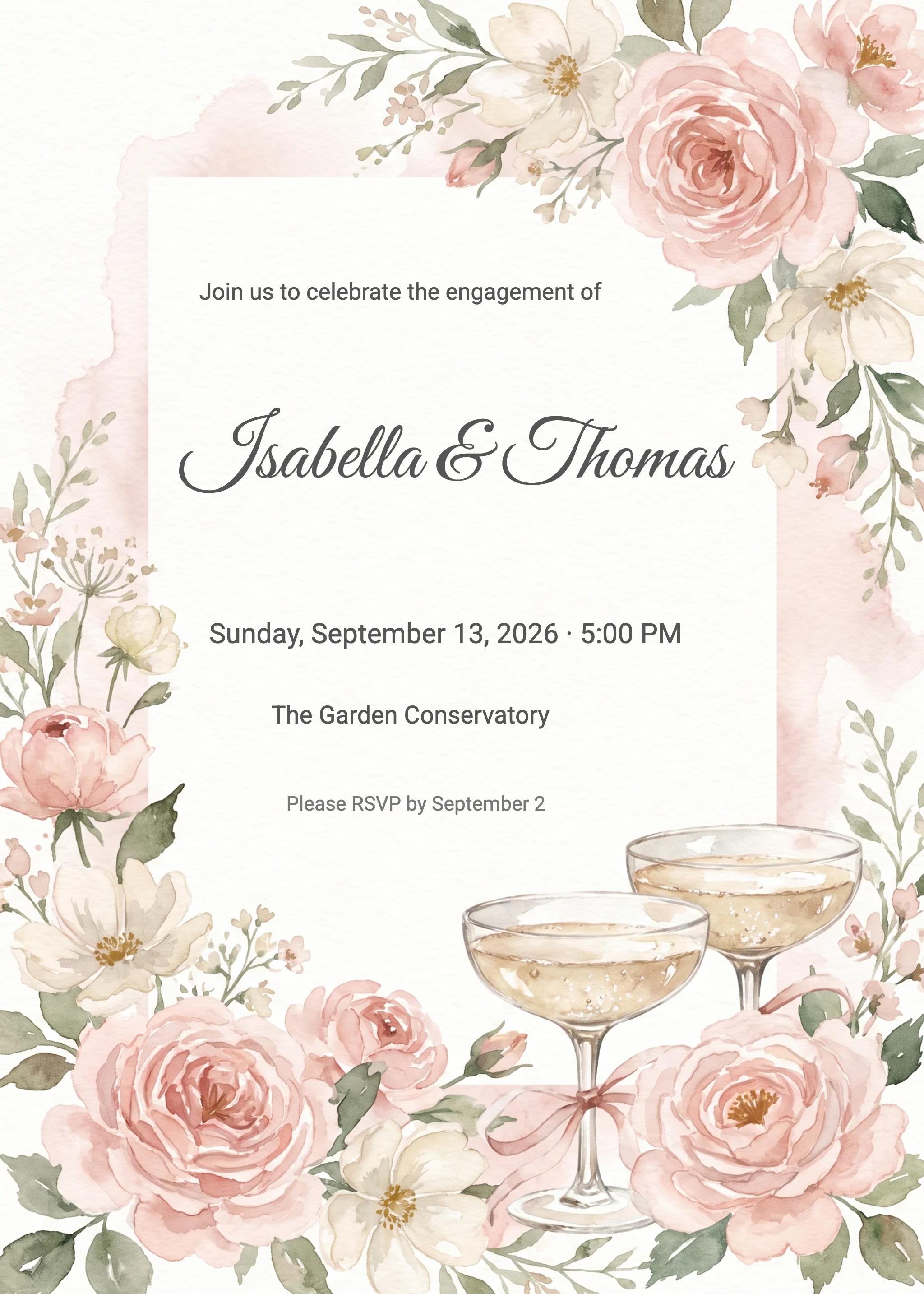 Blush floral engagement party invitation with champagne coupes and serif typography.