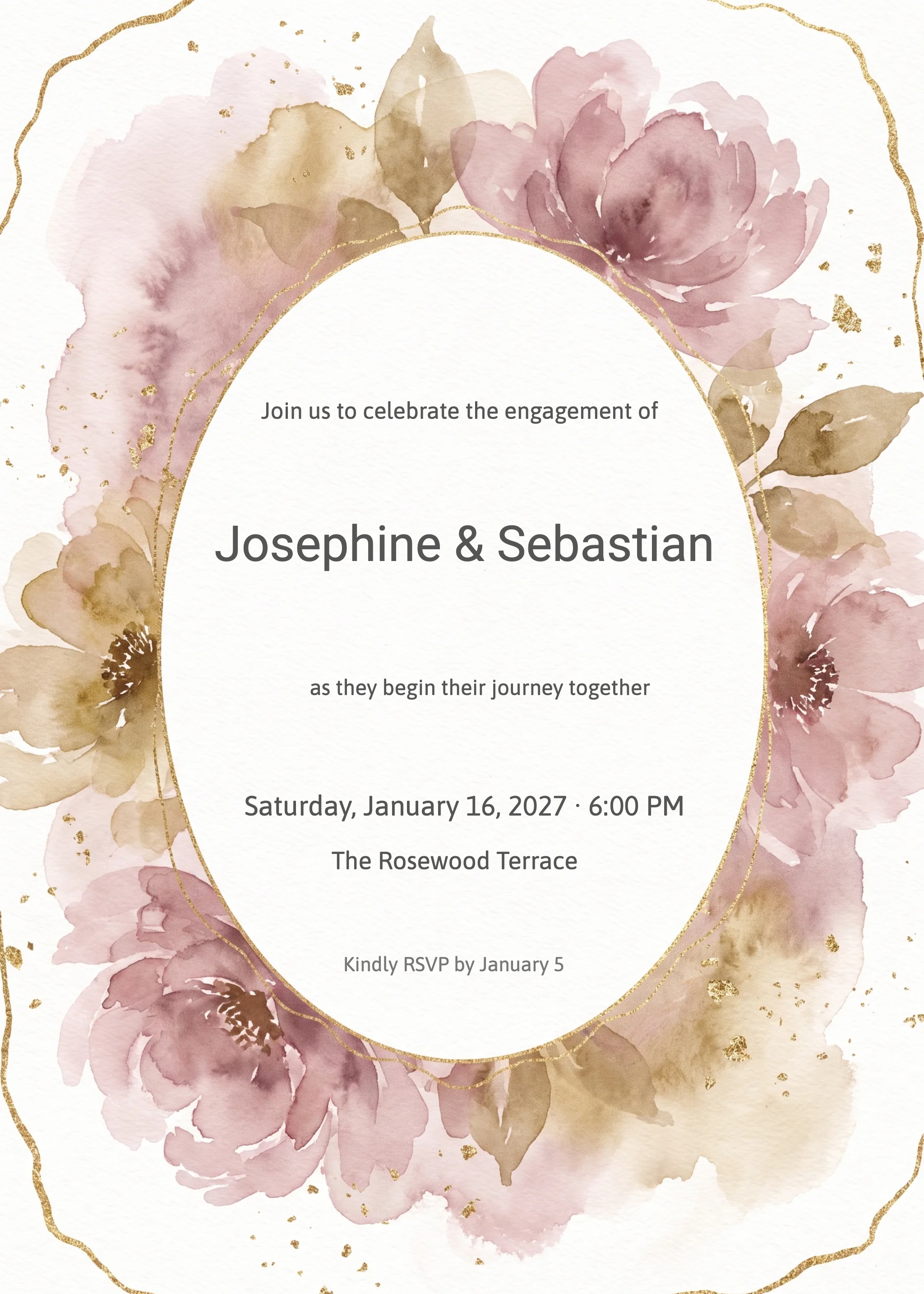 Dusty rose watercolor floral engagement party invitation with gold oval frame and foil accents.