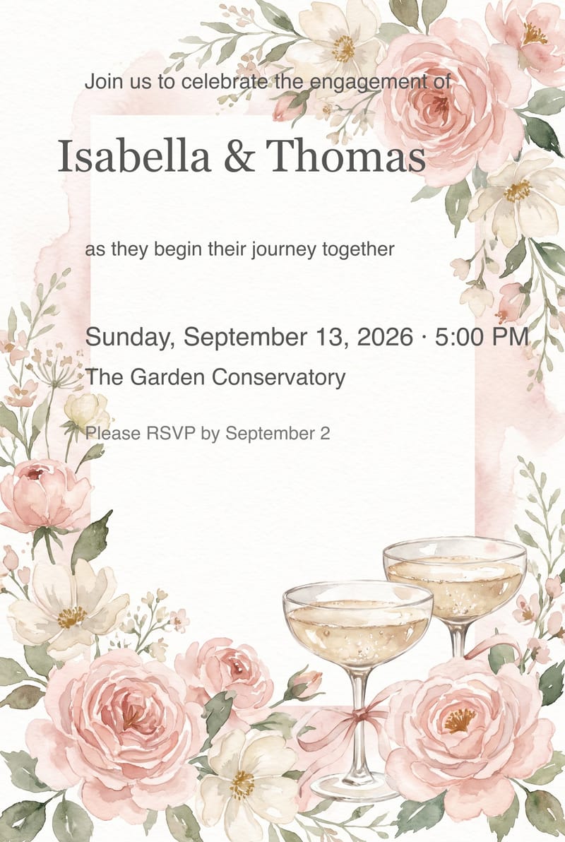 Soft Floral Champagne Coupe Engagement Party Invitation invitation