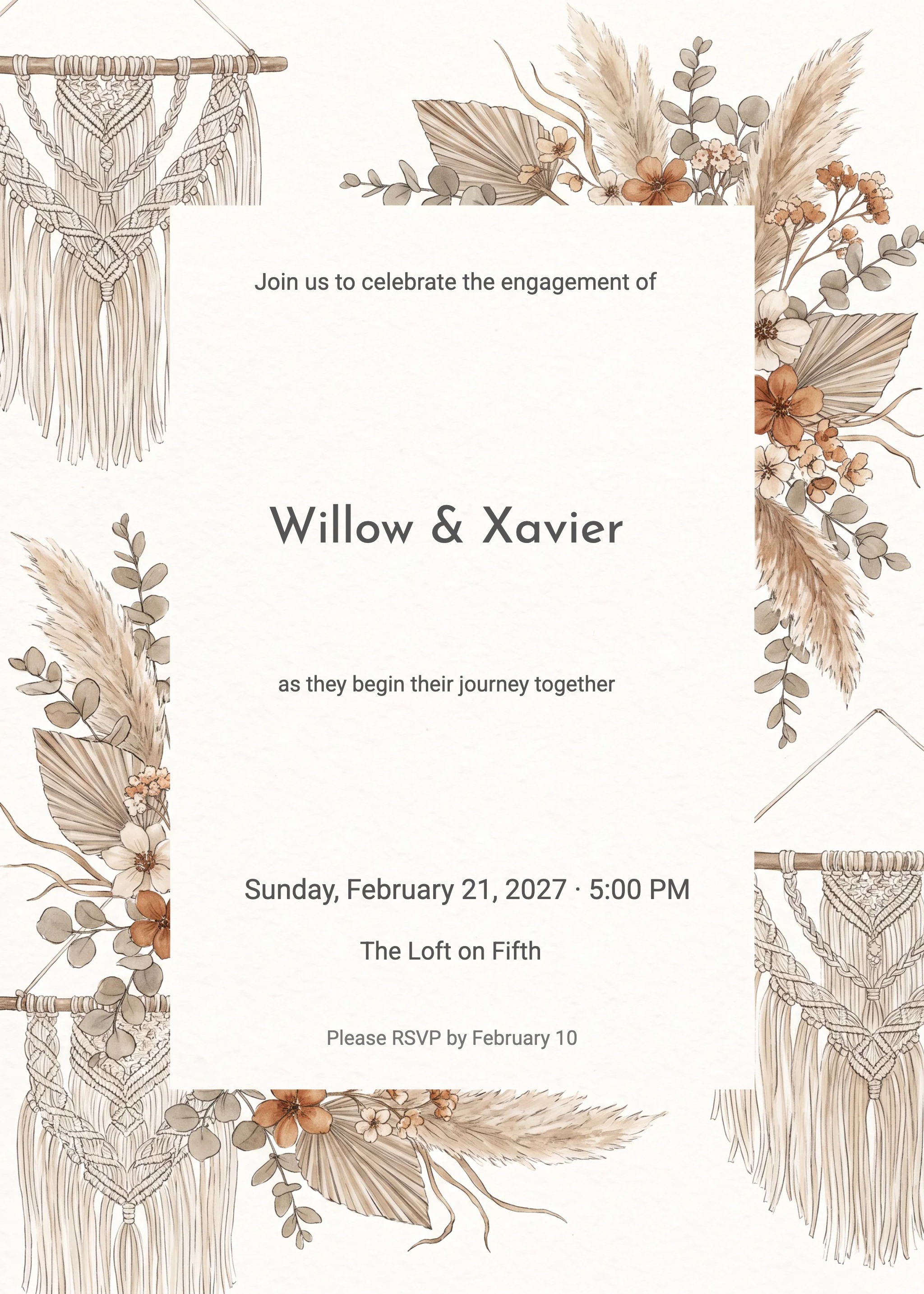 Cream engagement party invitation with macramé hangings, pampas grass, and rust dried florals.