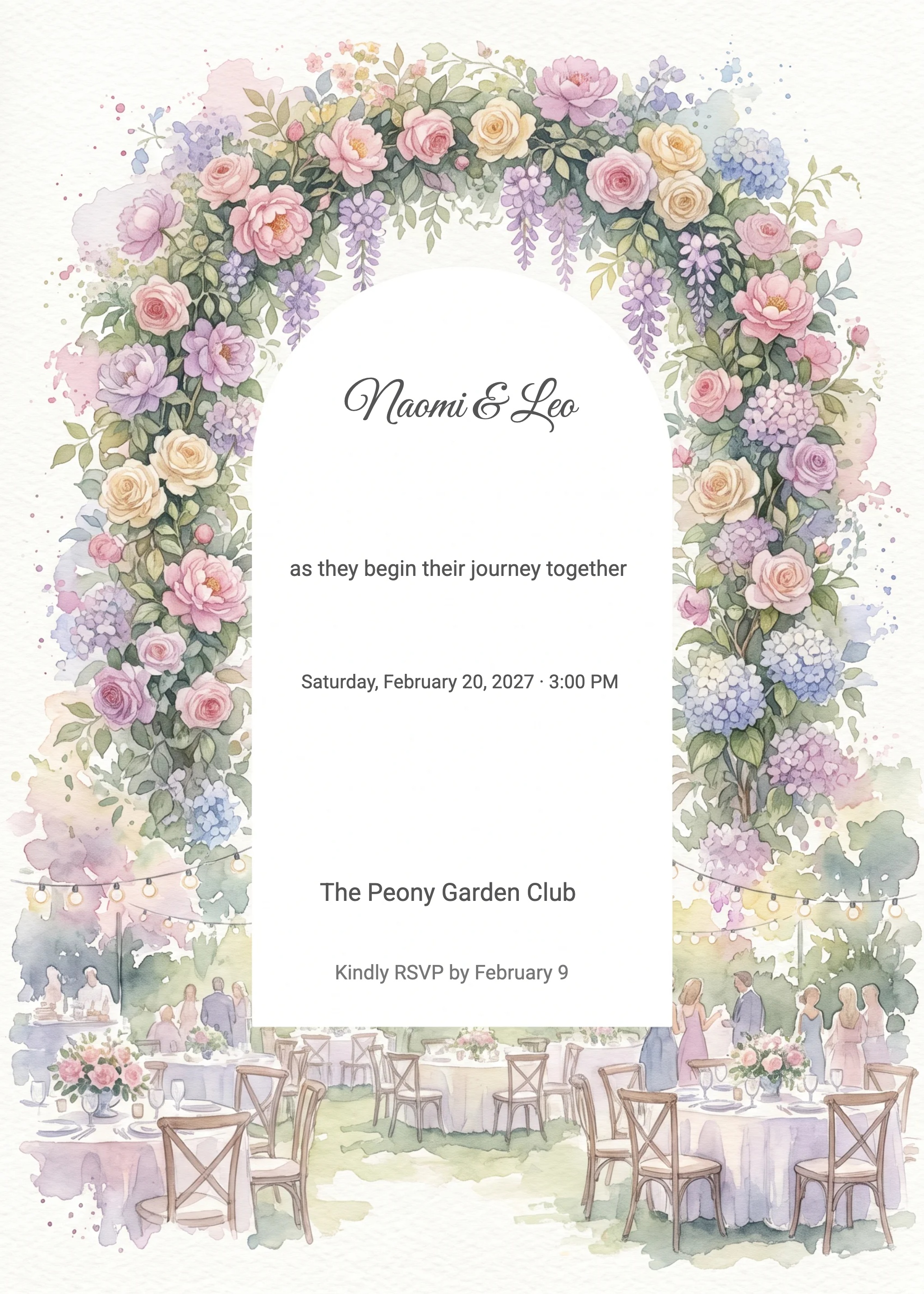 Watercolor engagement party invitation with floral arch and outdoor garden reception illustration.