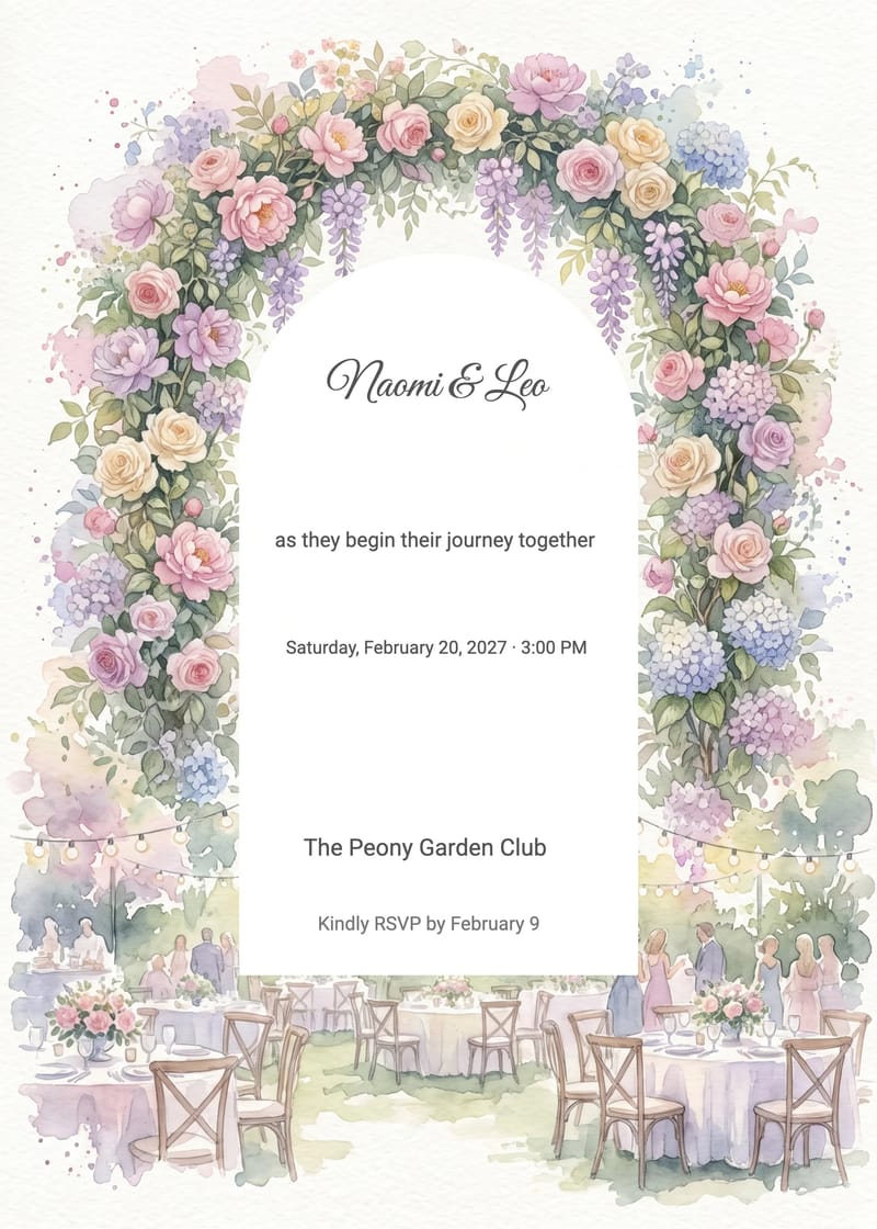 Watercolor engagement party invitation with floral arch and outdoor garden reception illustration.
