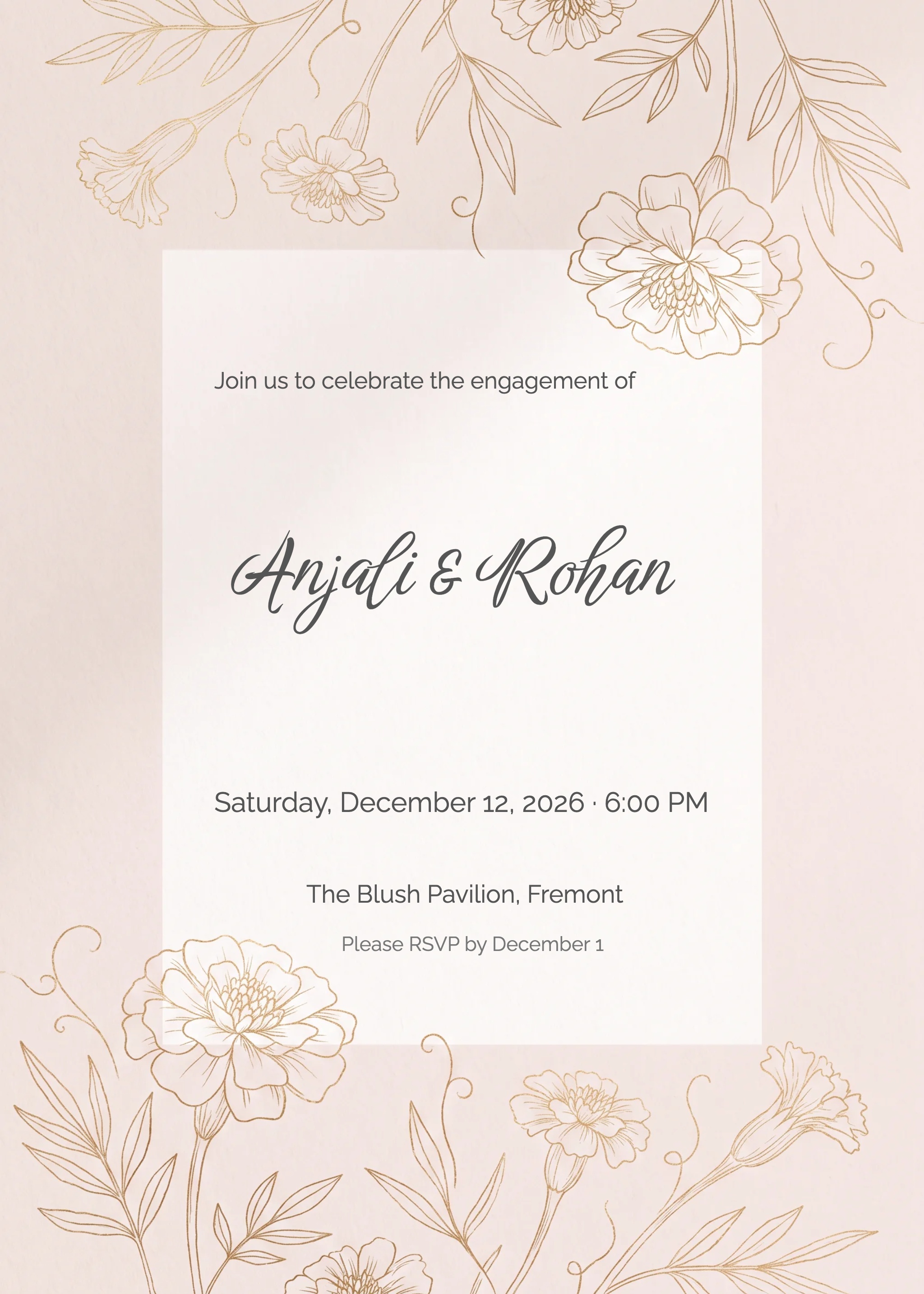 Blush engagement party invitation with gold marigold and carnation line-art borders.