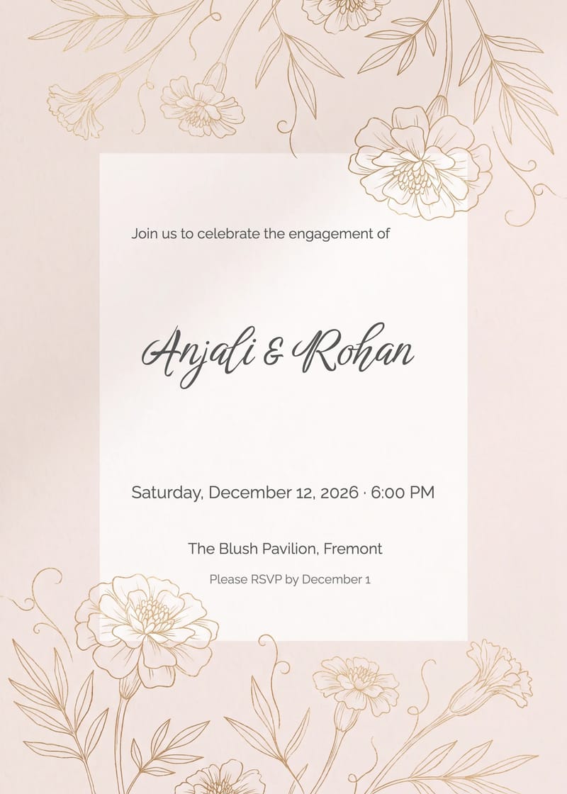 Blush engagement party invitation with gold marigold and carnation line-art borders.