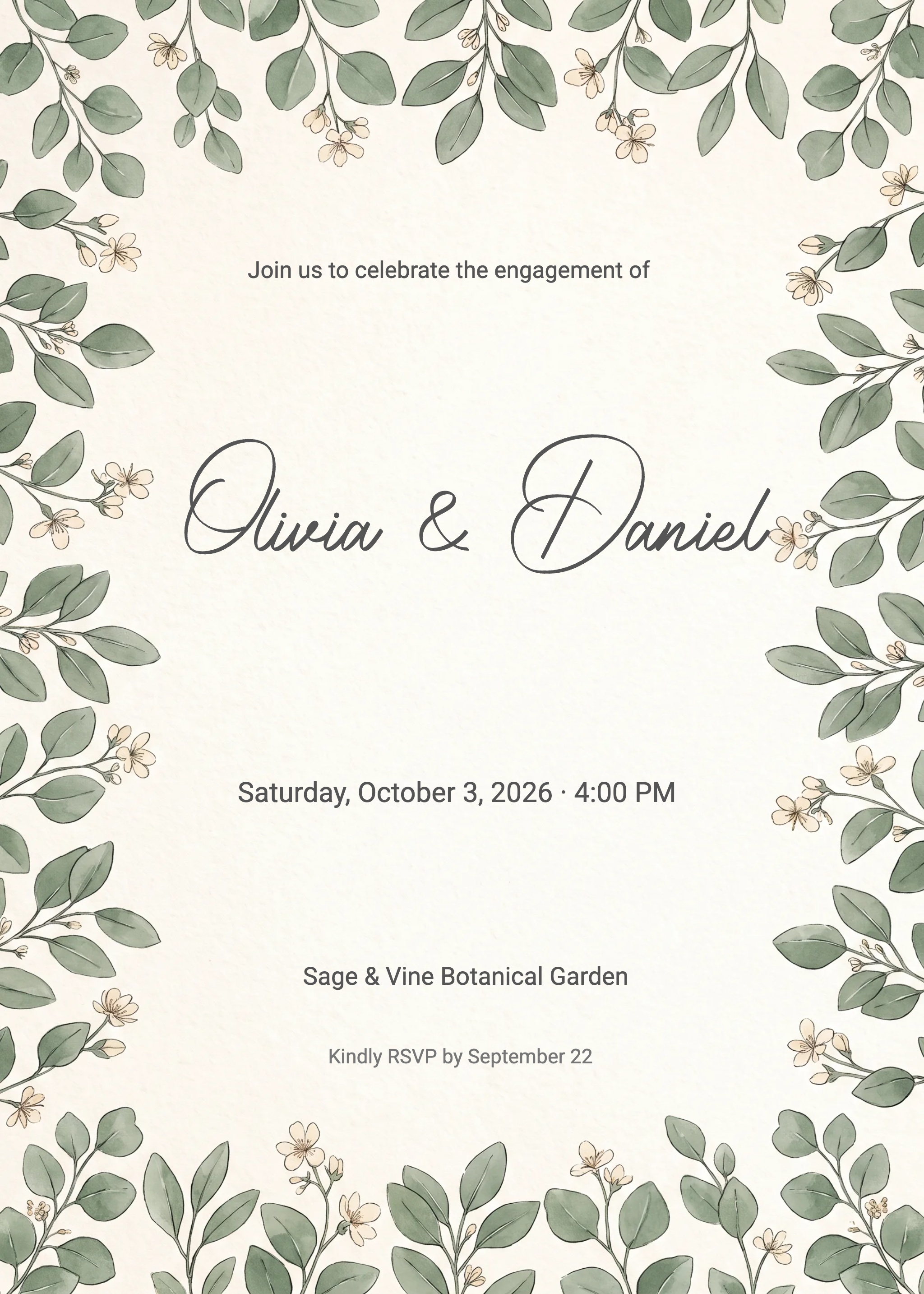 Engagement party invitation with sage green watercolor leaf and floral border on cream background.