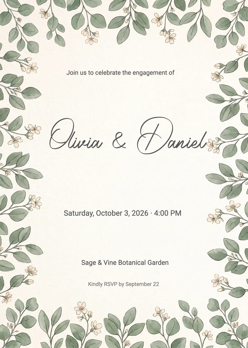Engagement party invitation with sage green watercolor leaf and floral border on cream background.