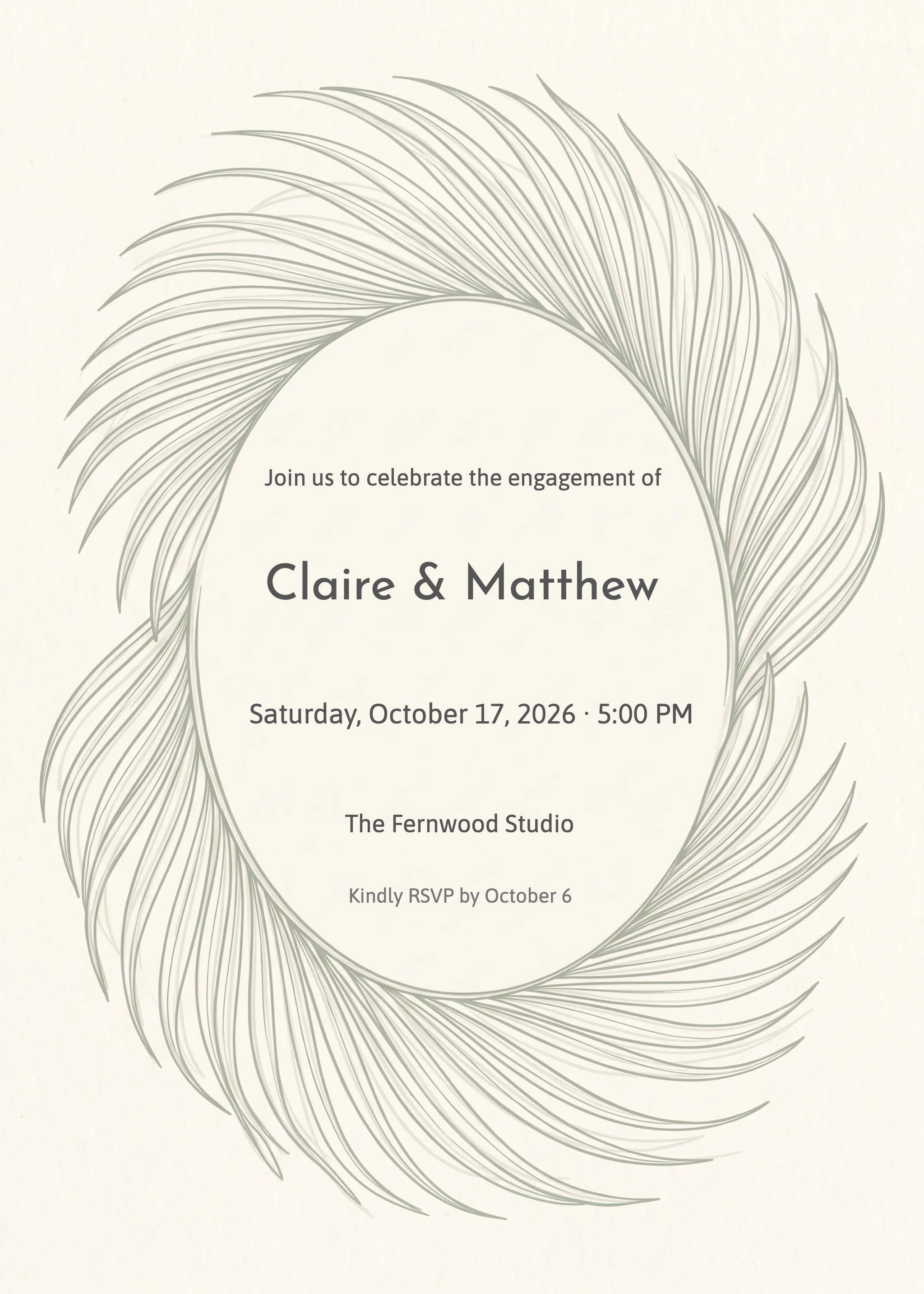 Engagement party invitation with circular sage green palm frond line art wreath.