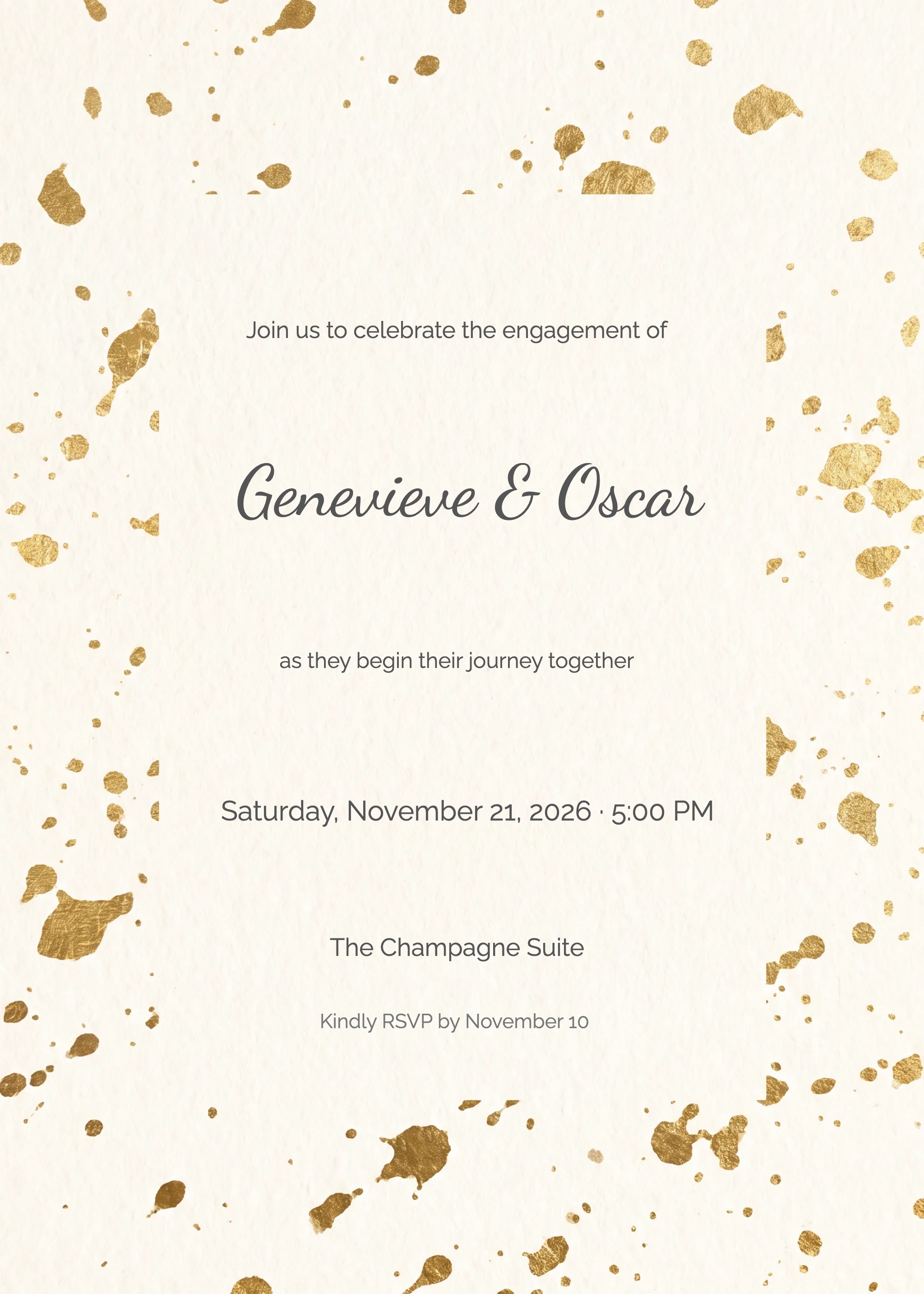 Ivory engagement party invitation with gold foil splatter marks and serif typography.