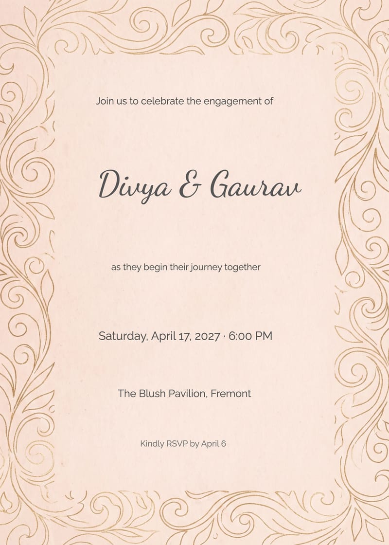 Blush invitation card with gold swirl border and large serif couple names.