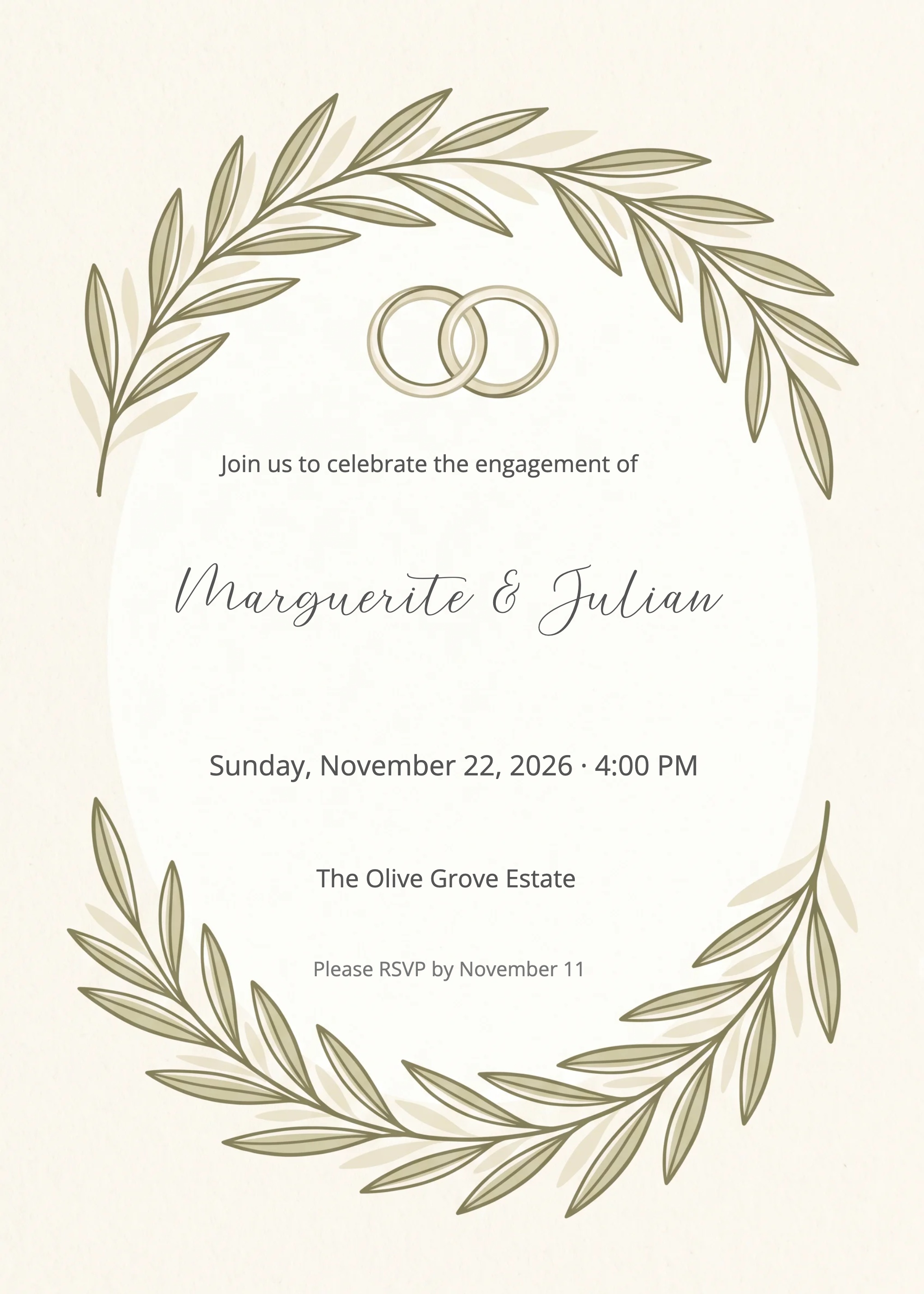 Cream invitation with sage olive wreaths, gold rings, and serif couple names.